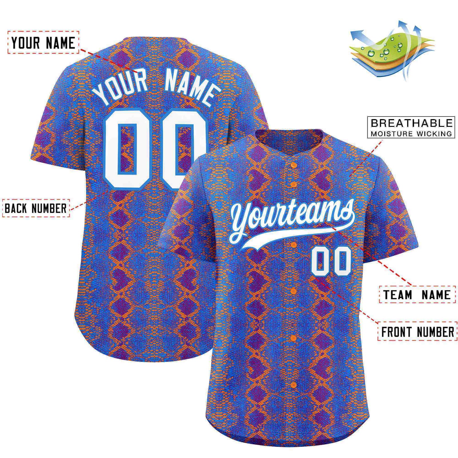 Custom Multi Color Snakeskin Pattern Authentic Baseball Jersey