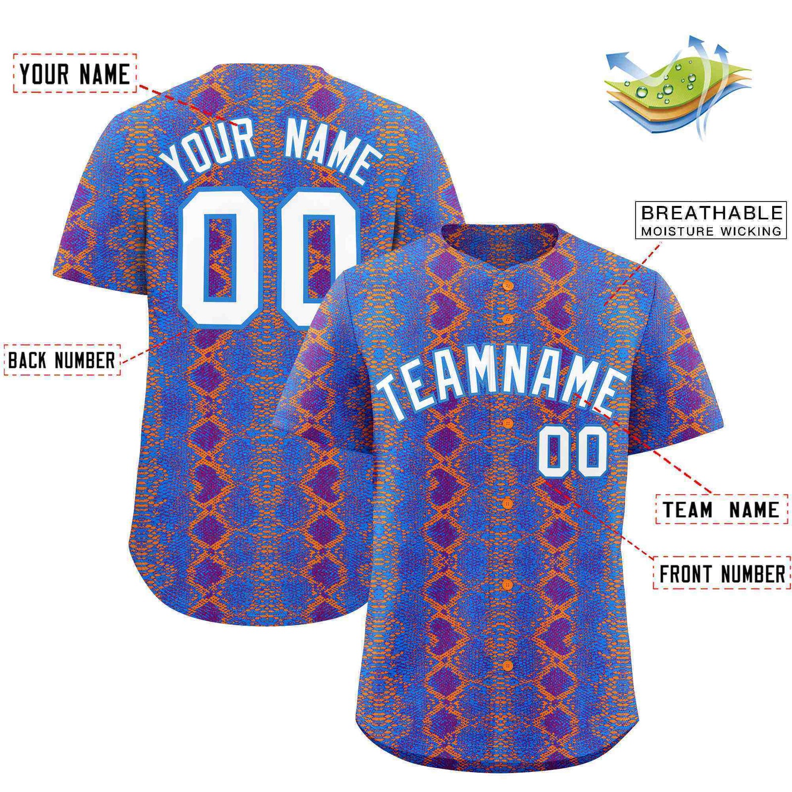Custom Multi Color Snakeskin Pattern Authentic Baseball Jersey