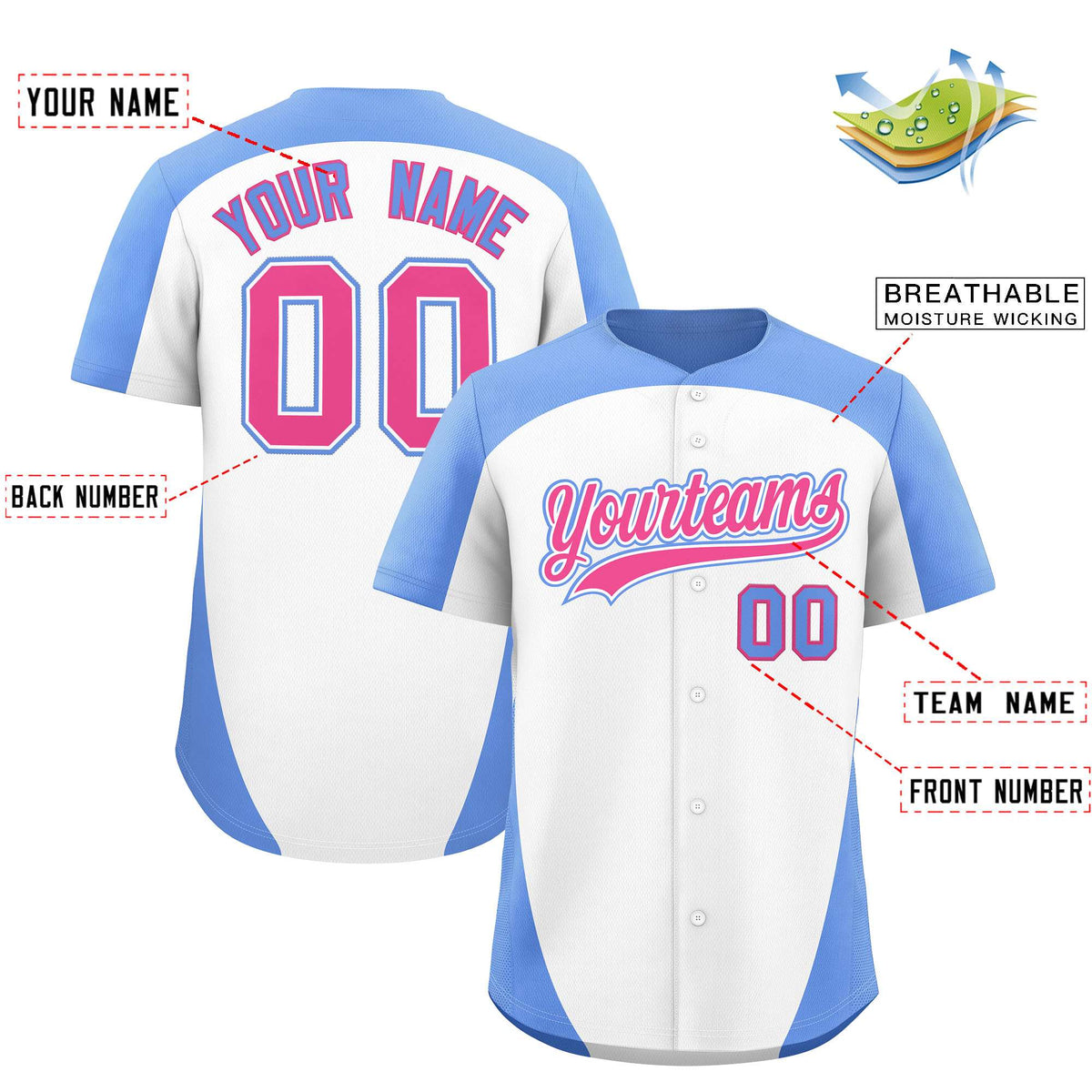 Custom White Light Blue Personalized Edge Color Block Authentic Baseball Jersey