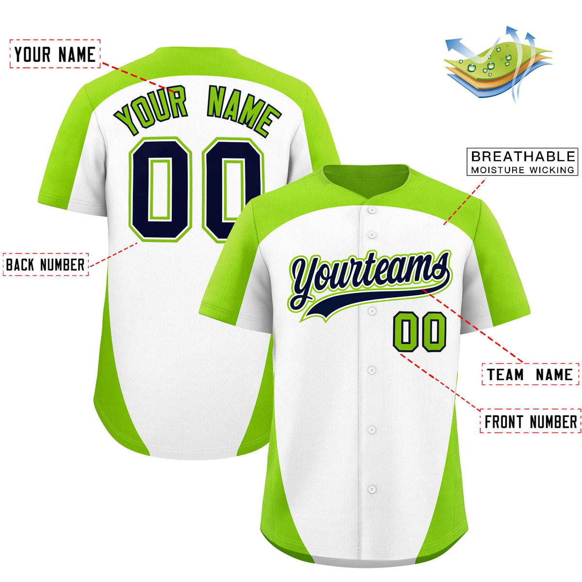 Custom White Neon Green Personalized Edge Color Block Authentic Baseball Jersey