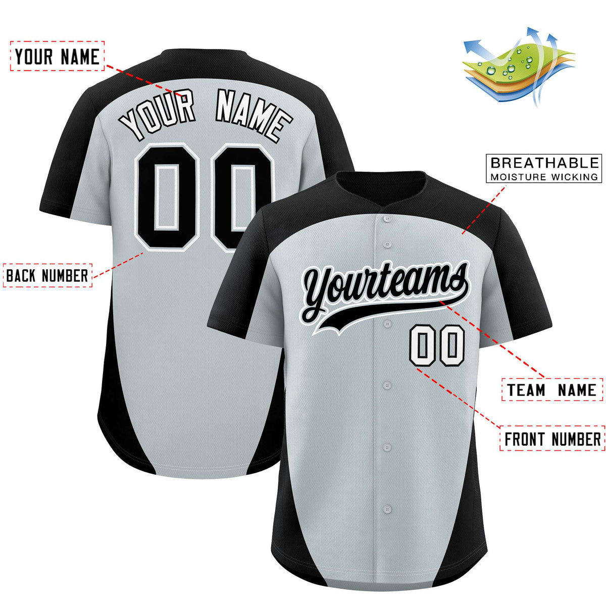 Custom Silver Black Personalized Edge Color Block Authentic Baseball Jersey