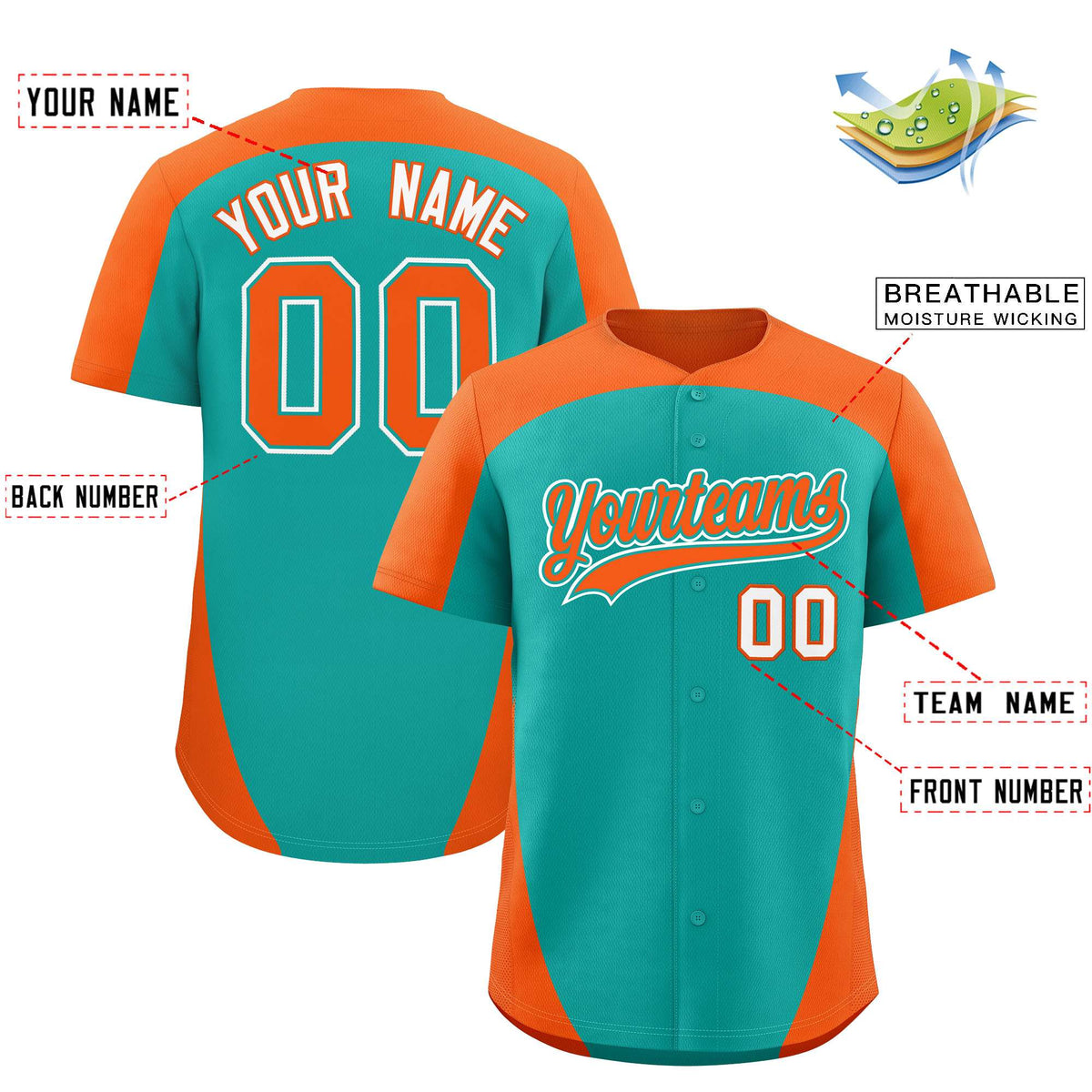 Custom Aqua Orange Personalized Edge Color Block Authentic Baseball Jersey