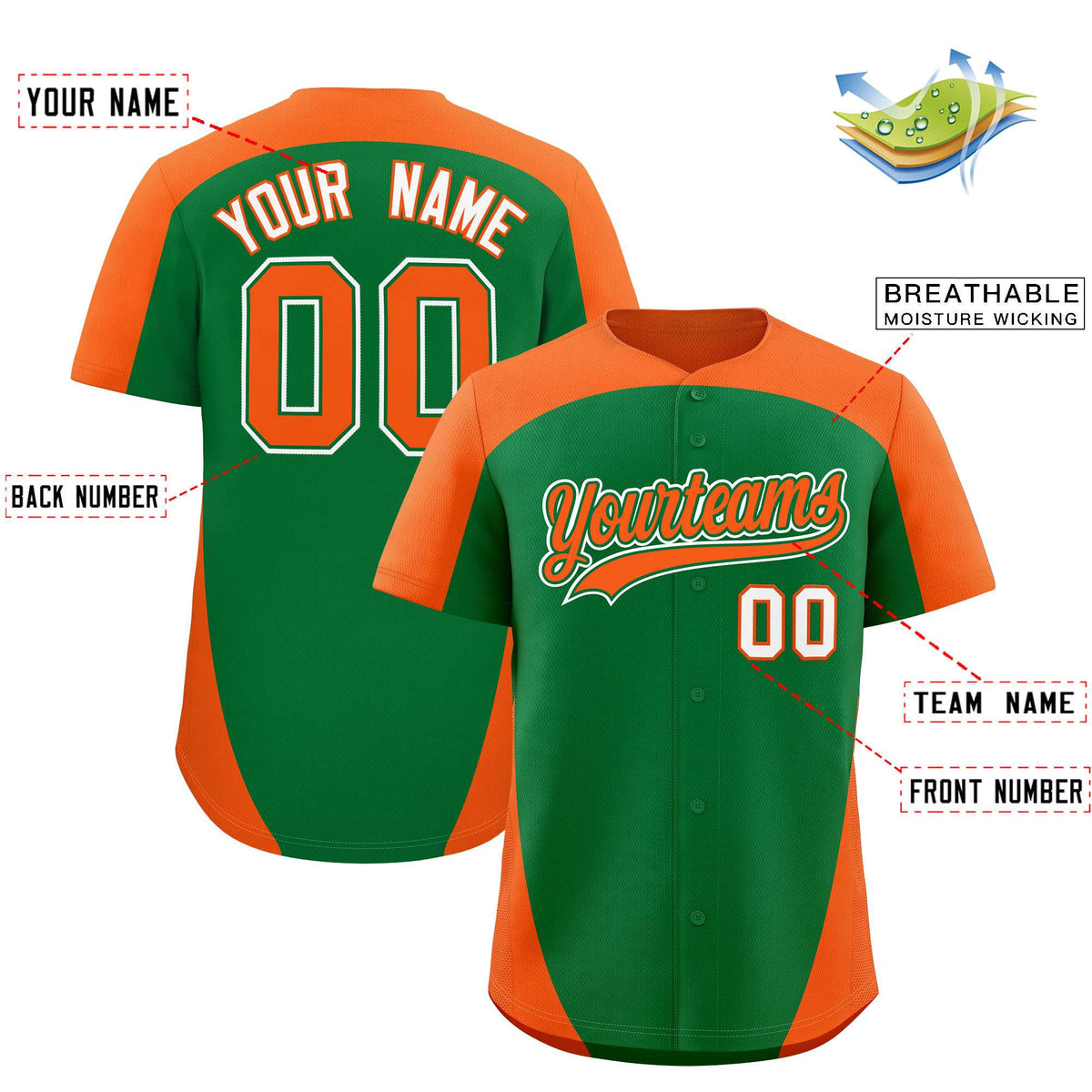 Custom Kelly Green Orange Personalized Edge Color Block Authentic Baseball Jersey