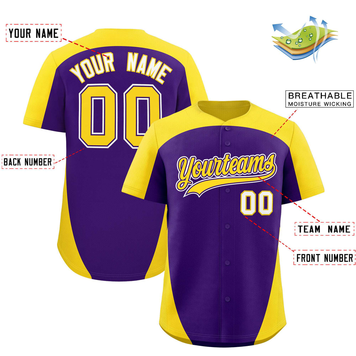Custom Purple Gold Personalized Edge Color Block Authentic Baseball Jersey