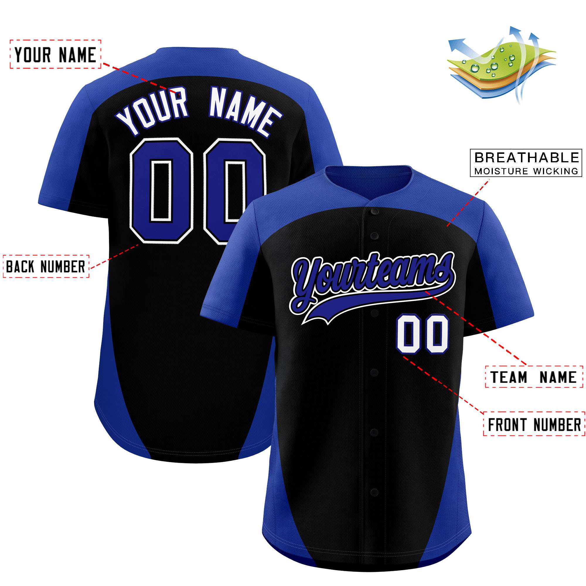 Custom Black Royal Personalized Edge Color Block Authentic Baseball Jersey
