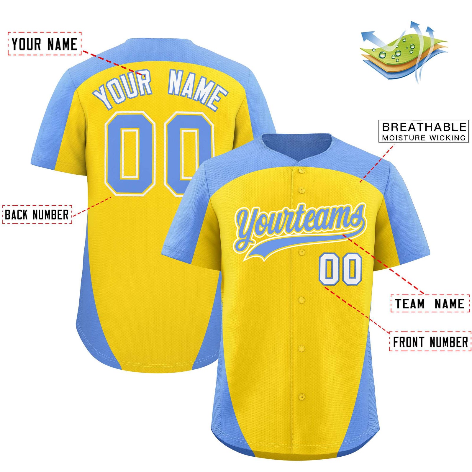 Custom Gold Light Blue Personalized Edge Color Block Authentic Baseball Jersey