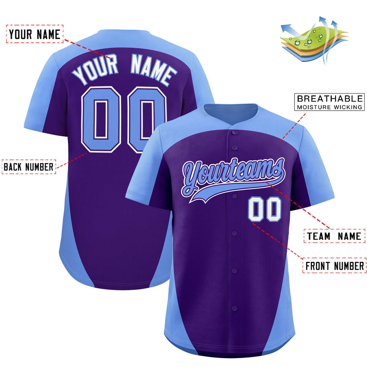 Custom Purple Light Blue Personalized Edge Color Block Authentic Baseball Jersey
