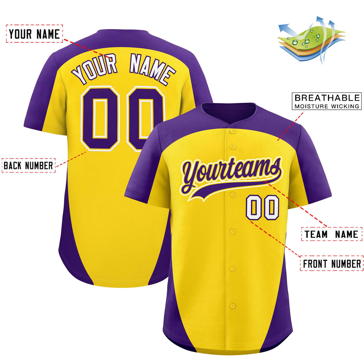 Custom Gold Purple Personalized Edge Color Block Authentic Baseball Jersey