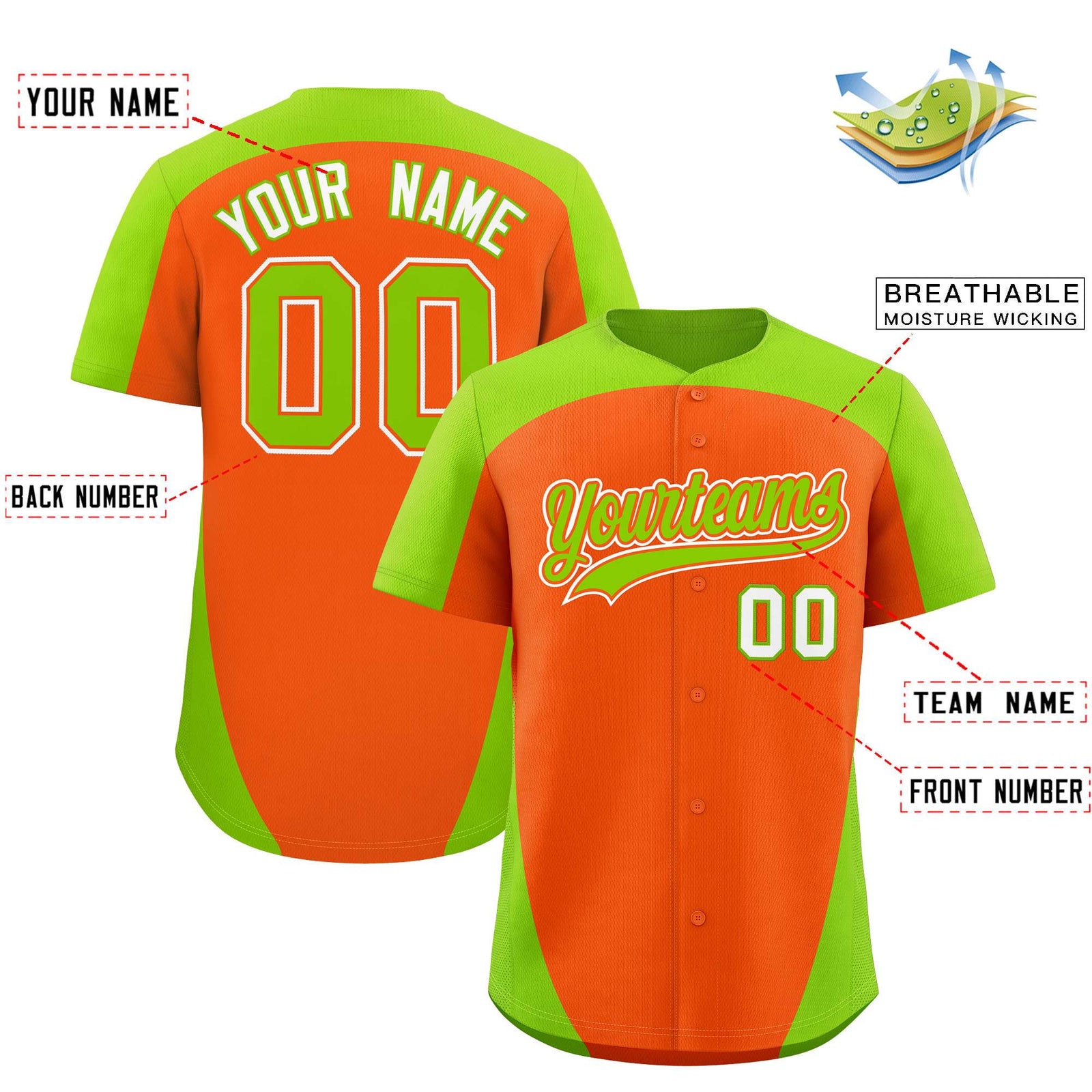Custom Orange Neon Green Personalized Edge Color Block Authentic Baseball Jersey