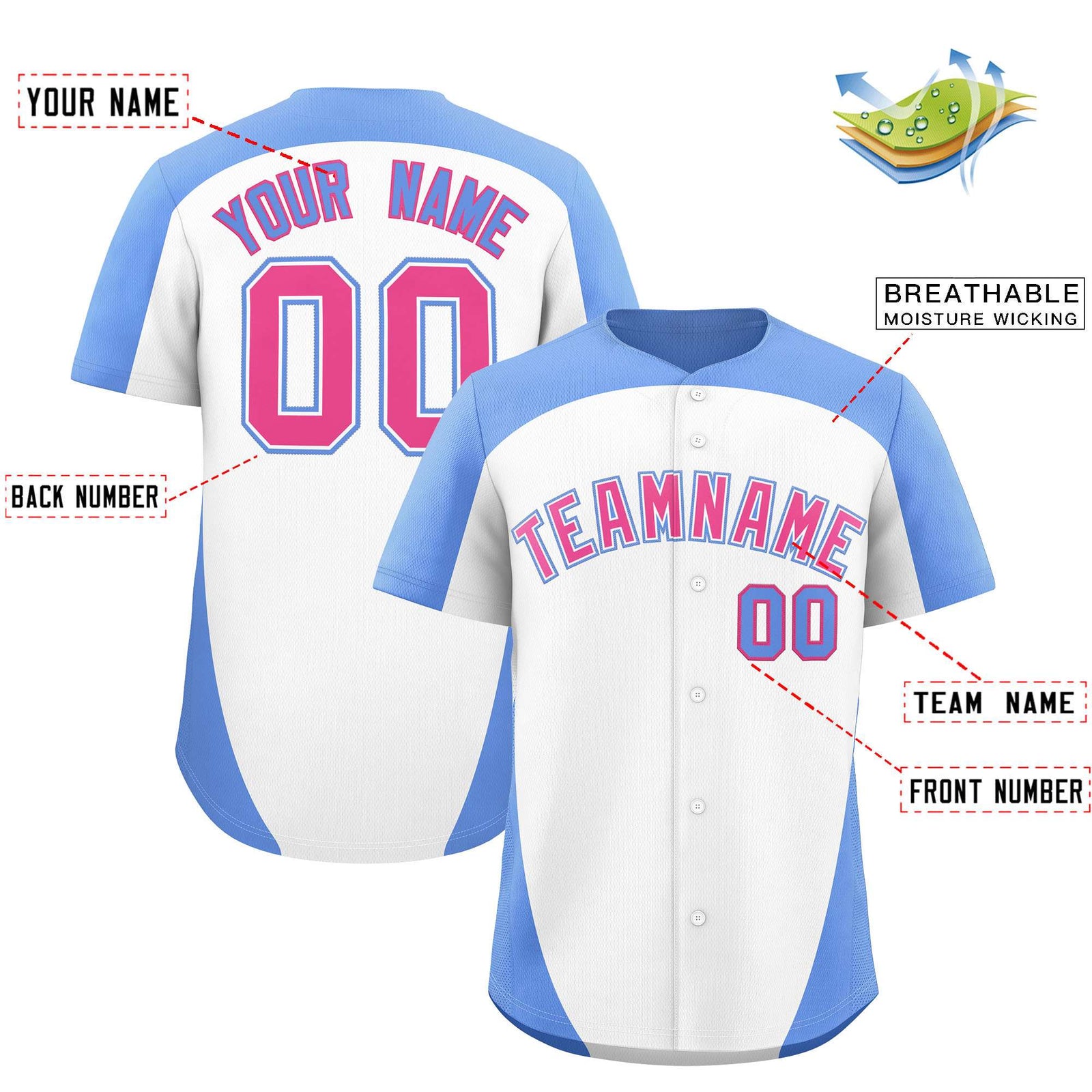 Custom White Light Blue Personalized Edge Color Block Authentic Baseball Jersey
