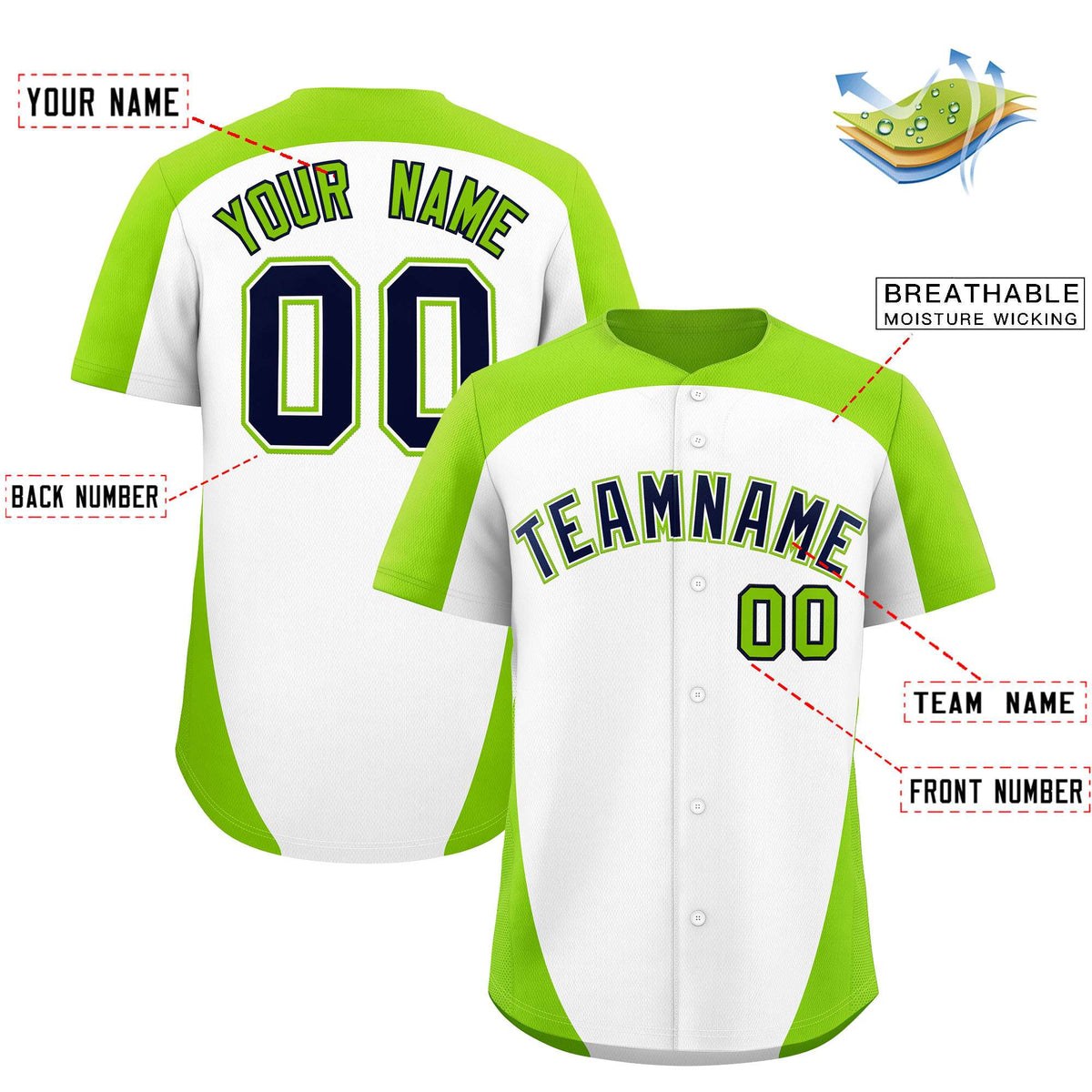 Custom White Neon Green Personalized Edge Color Block Authentic Baseball Jersey