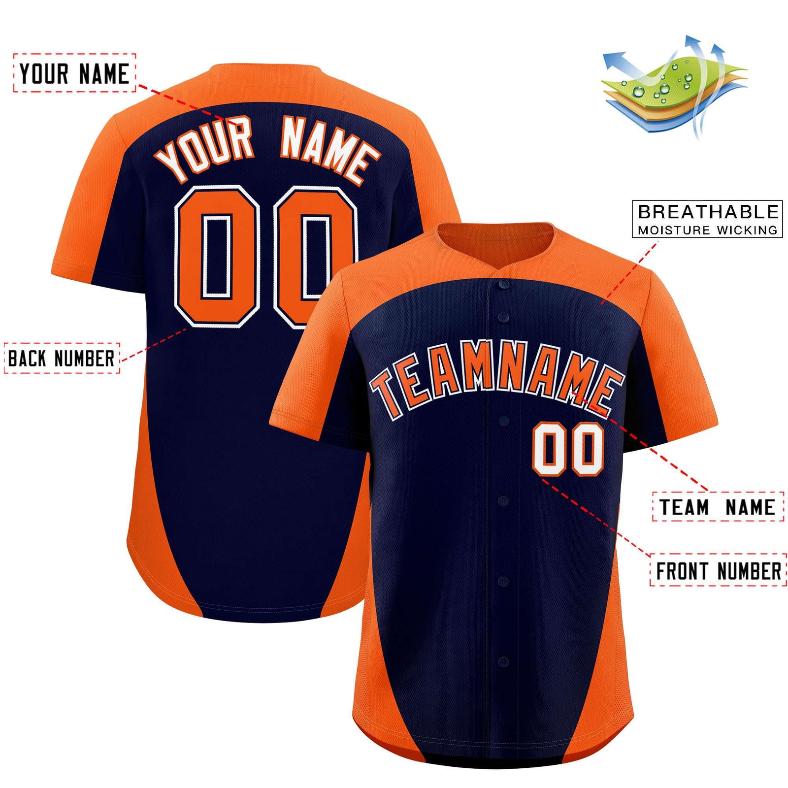 Custom Navy Orange Personalized Edge Color Block Authentic Baseball Jersey