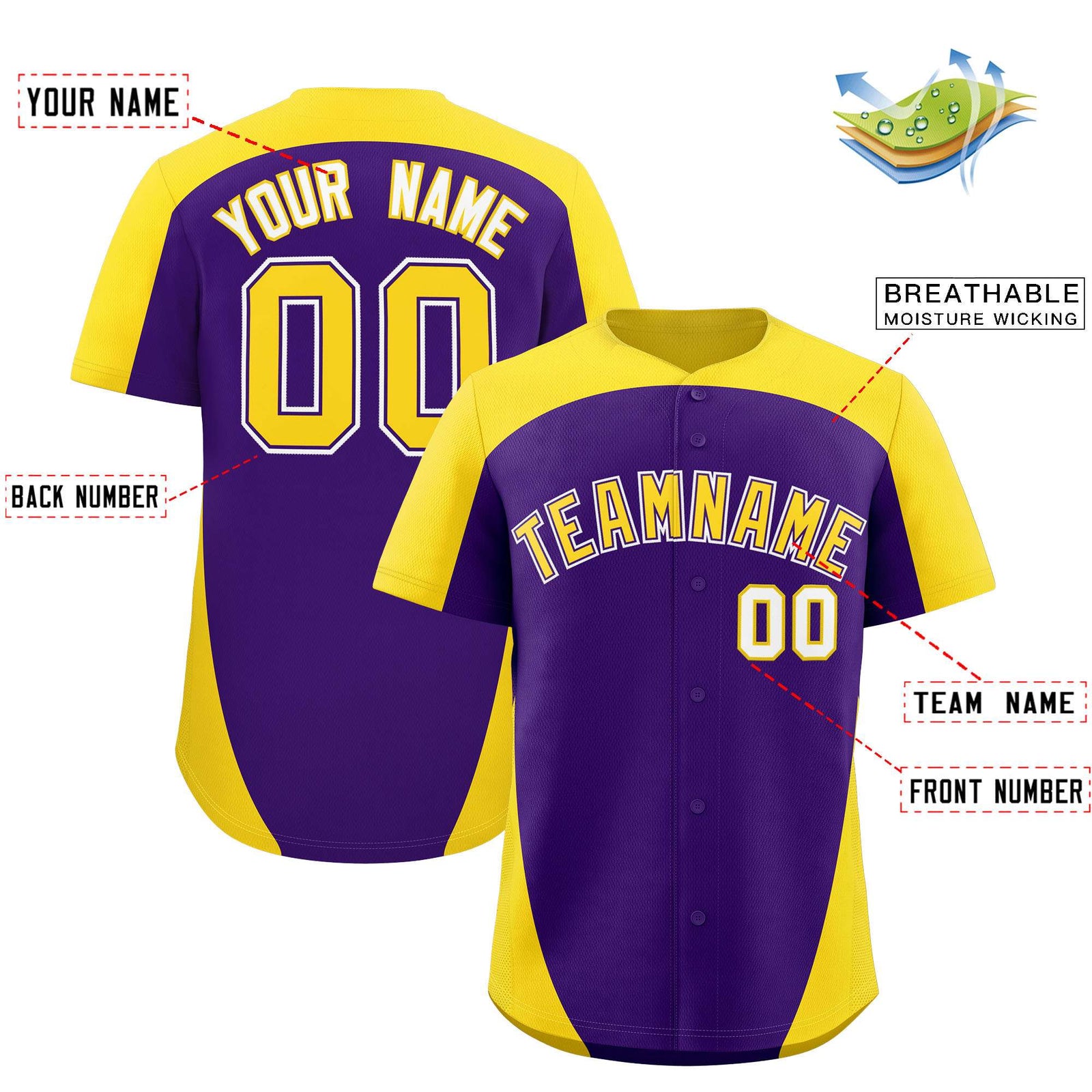Custom Purple Gold Personalized Edge Color Block Authentic Baseball Jersey