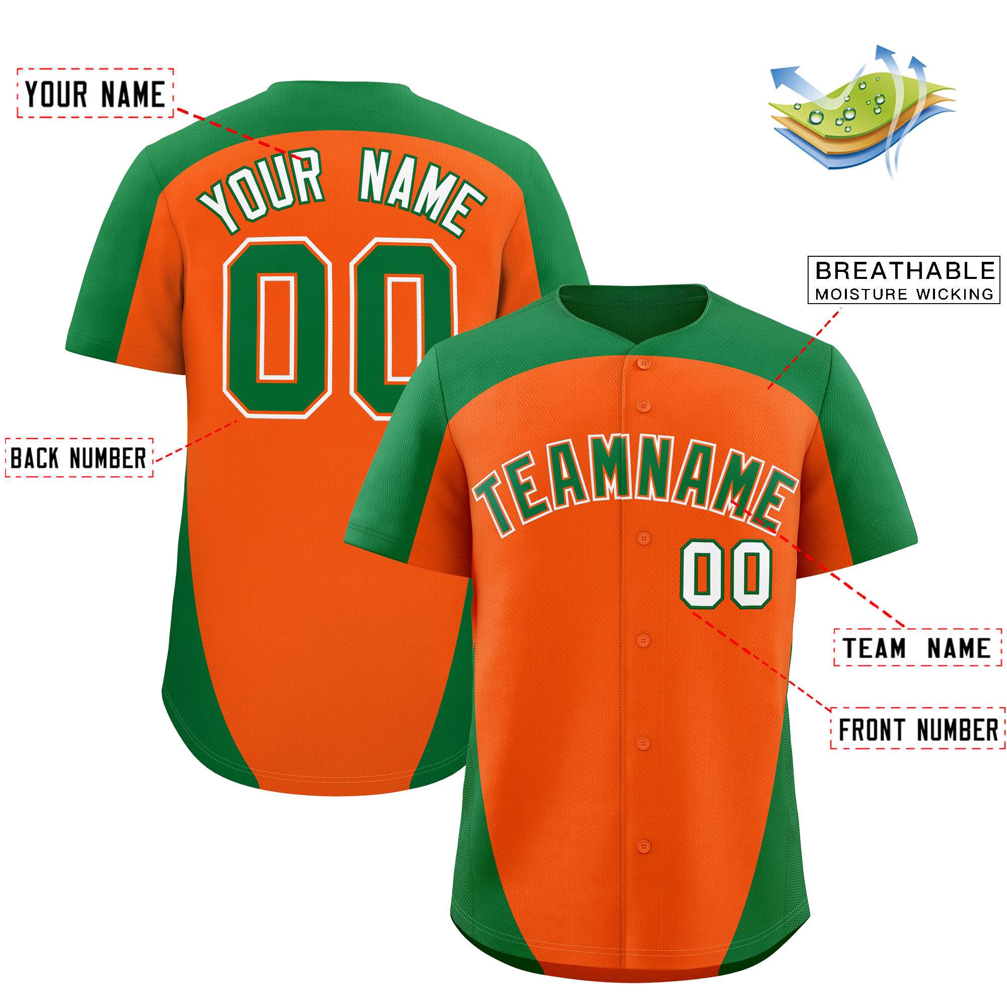 Custom Orange Kelly Green Personalized Edge Color Block Authentic Baseball Jersey
