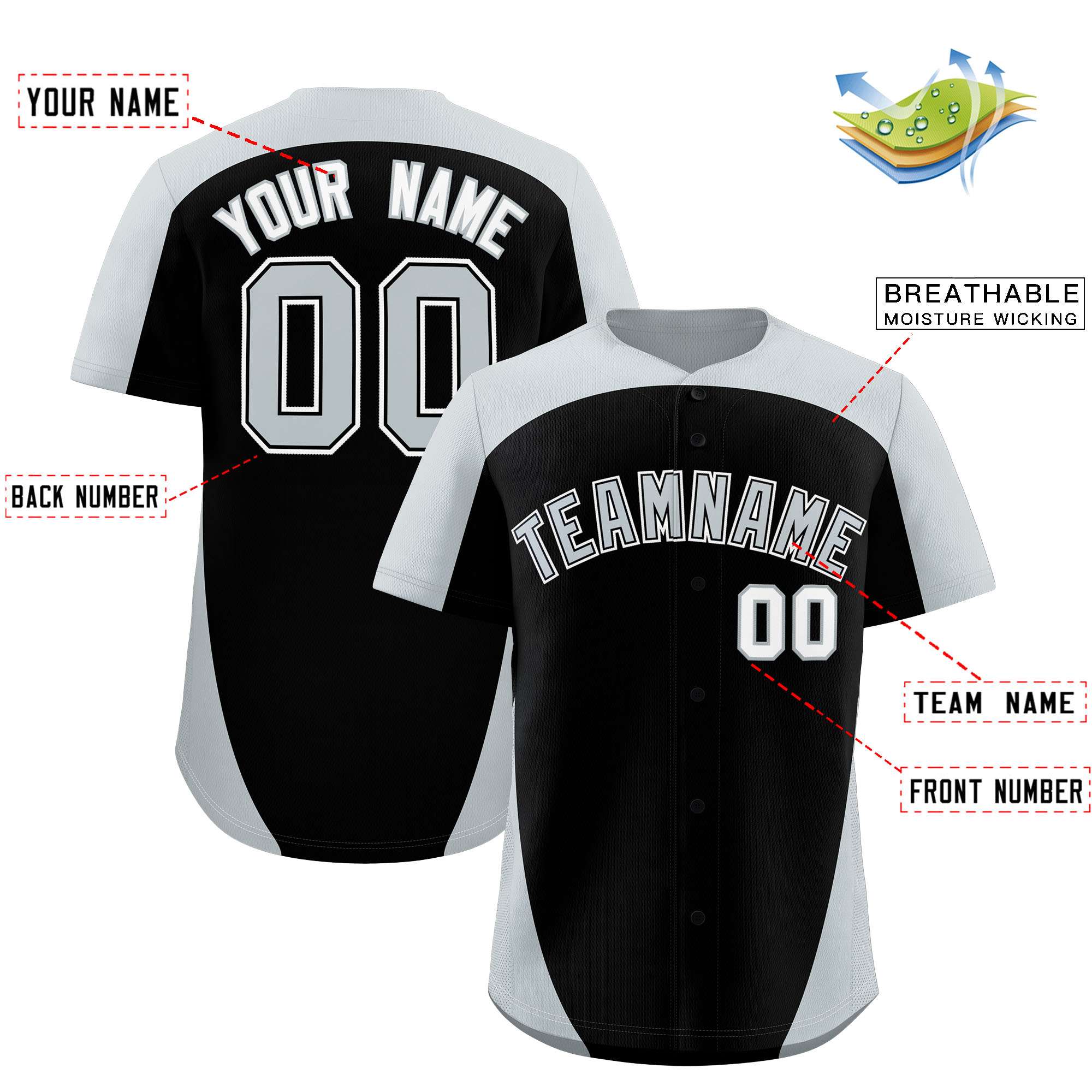 Custom Black Silver Personalized Edge Color Block Authentic Baseball Jersey