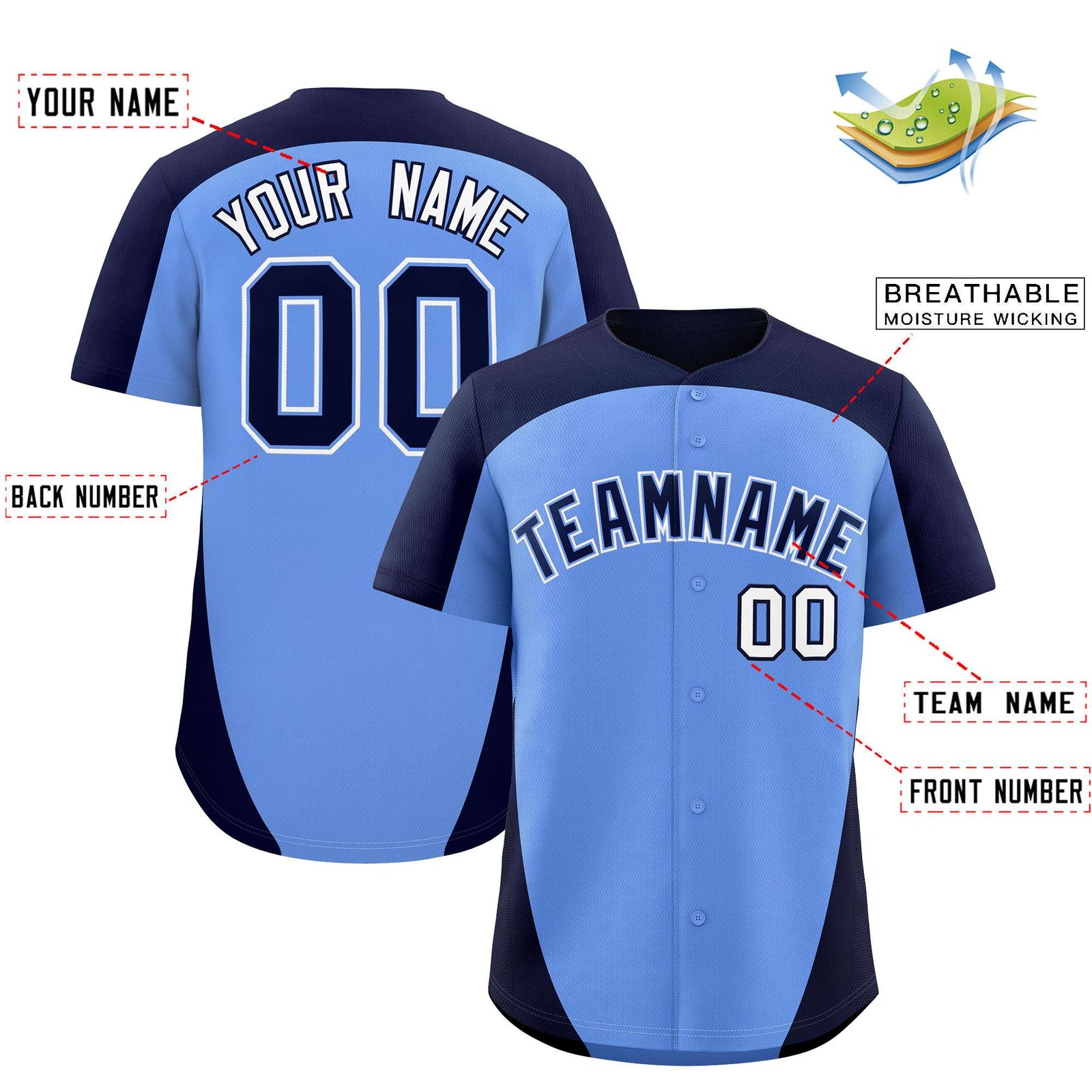 Custom Light Blue Navy Personalized Edge Color Block Authentic Baseball Jersey