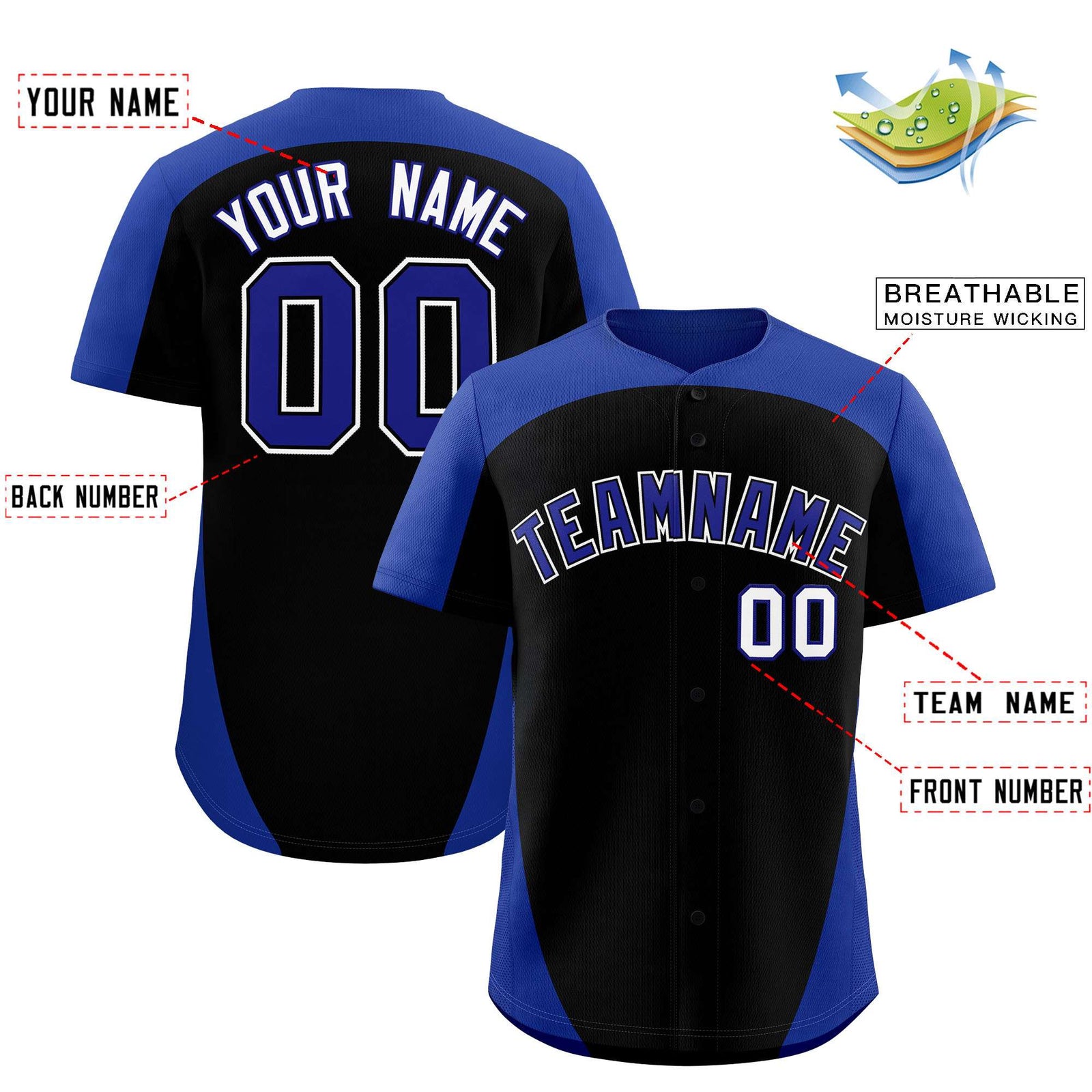 Custom Black Royal Personalized Edge Color Block Authentic Baseball Jersey