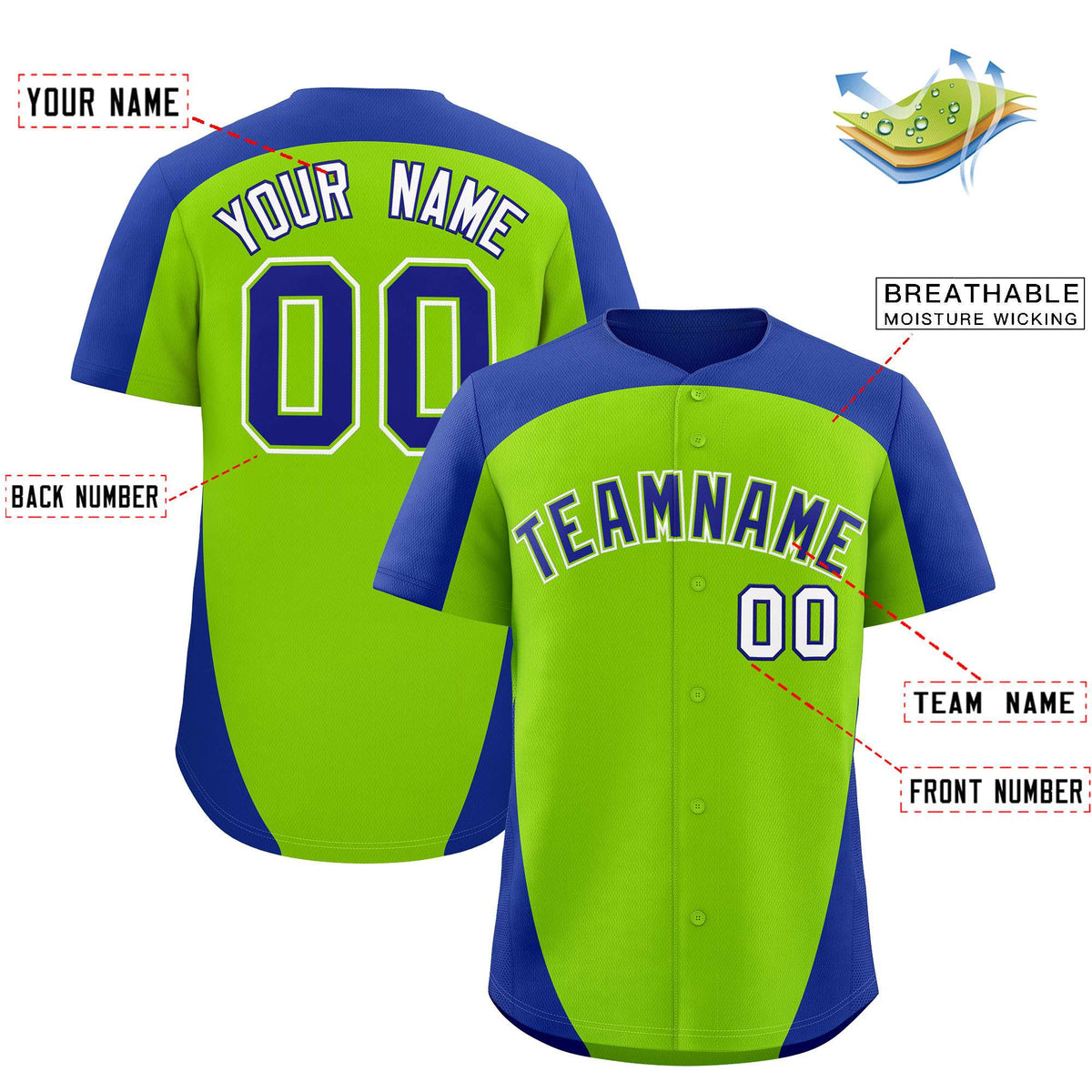 Custom Neon Green Royal Personalized Edge Color Block Authentic Baseball Jersey