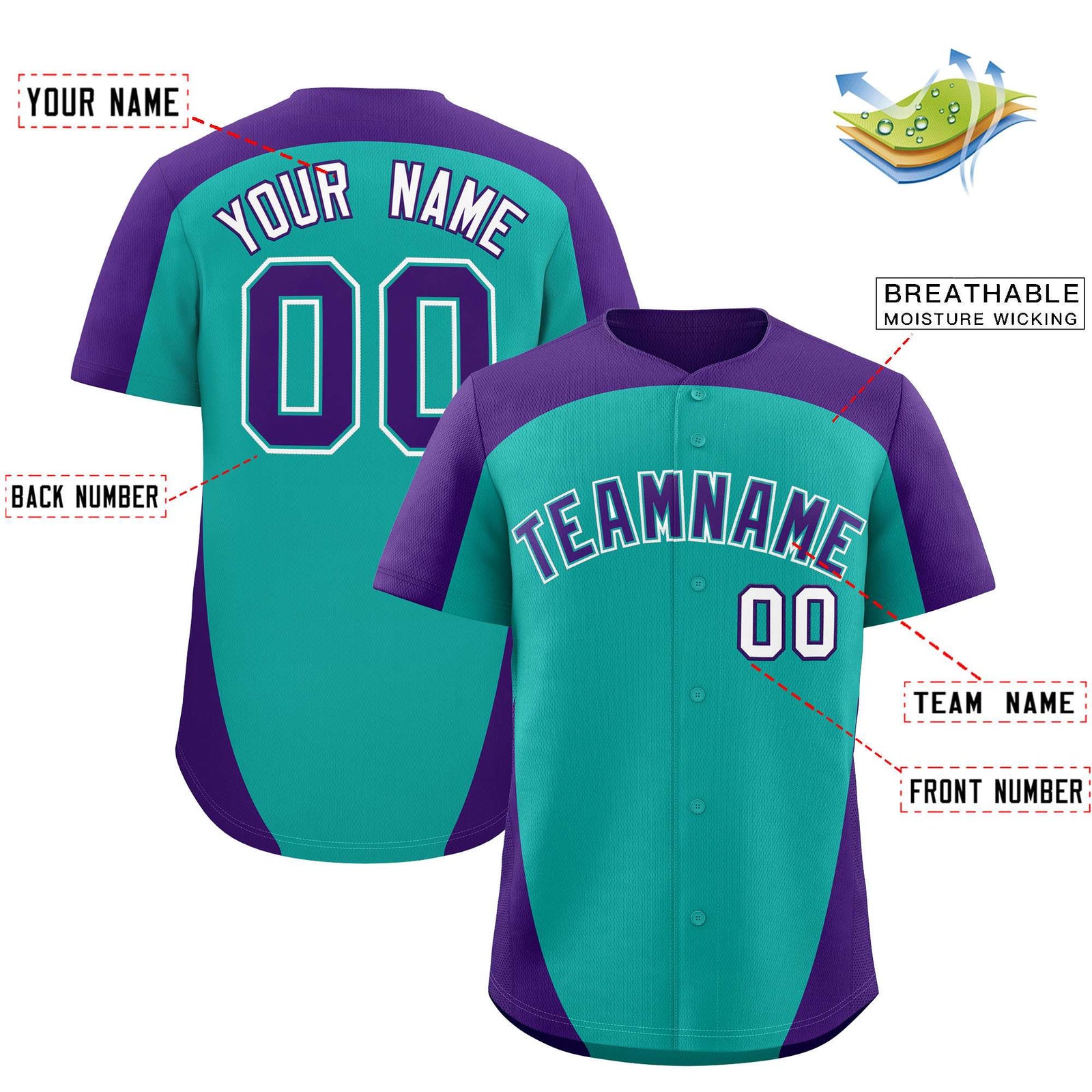 Custom Aqua Purple Personalized Edge Color Block Authentic Baseball Jersey