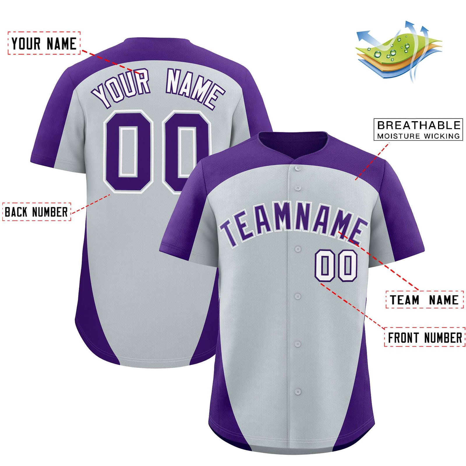 Custom Silver Purple Personalized Edge Color Block Authentic Baseball Jersey