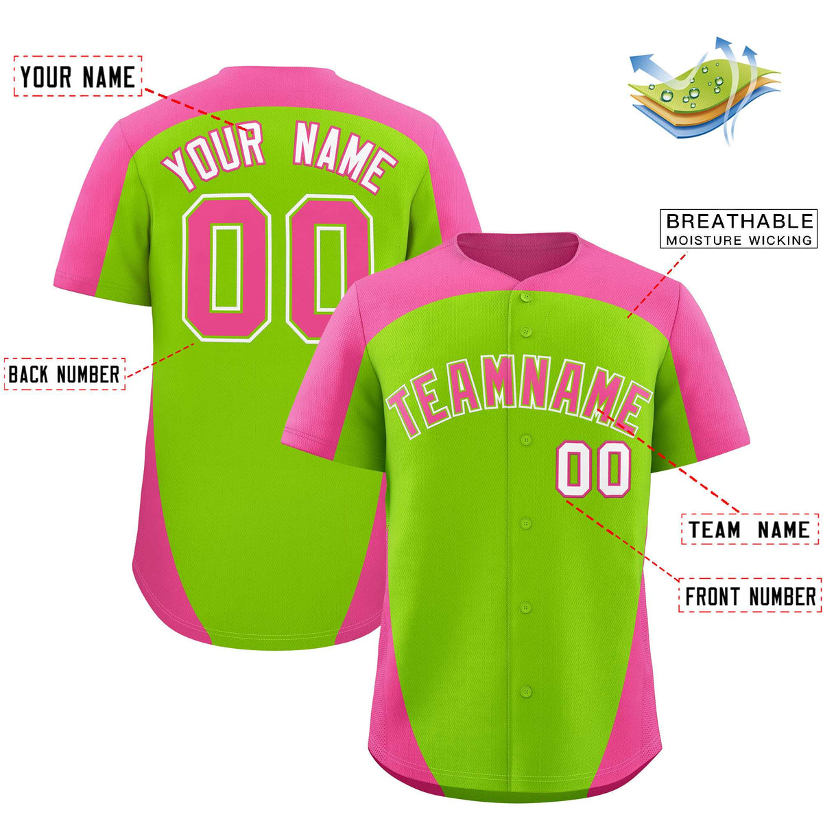Custom Neon Green Pink Personalized Edge Color Block Authentic Baseball Jersey