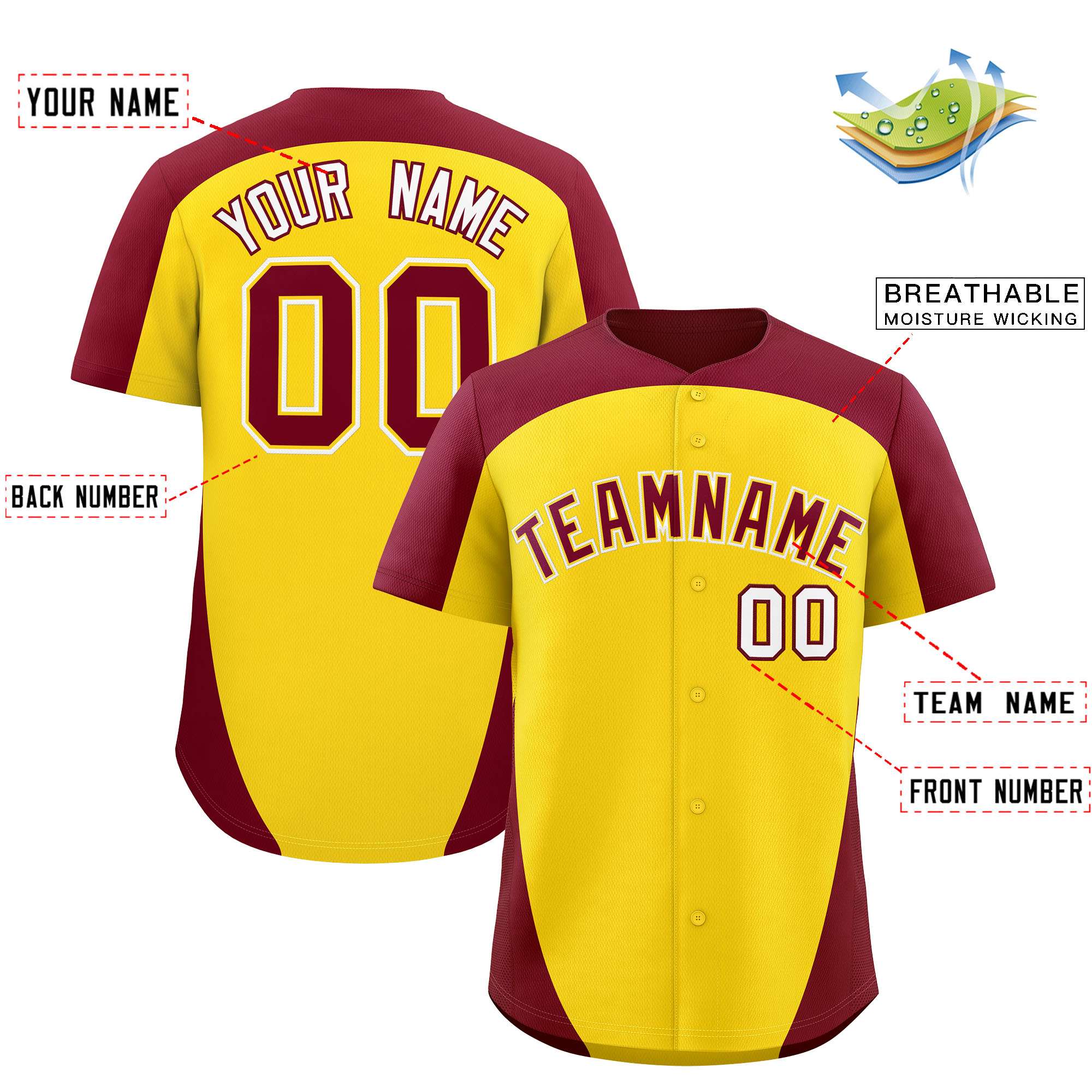 Custom Gold Crimson Personalized Edge Color Block Authentic Baseball Jersey