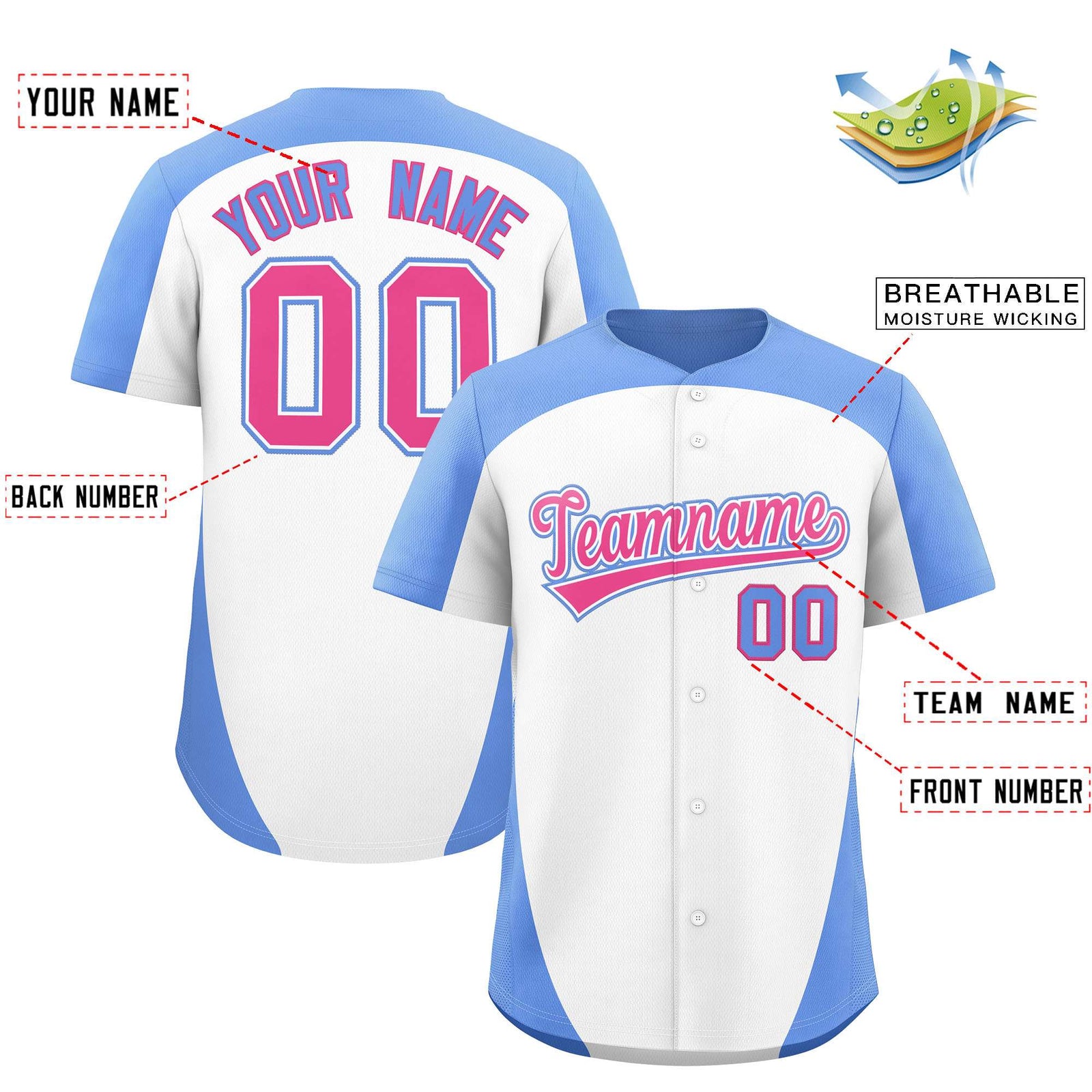 Custom White Light Blue Personalized Edge Color Block Authentic Baseball Jersey
