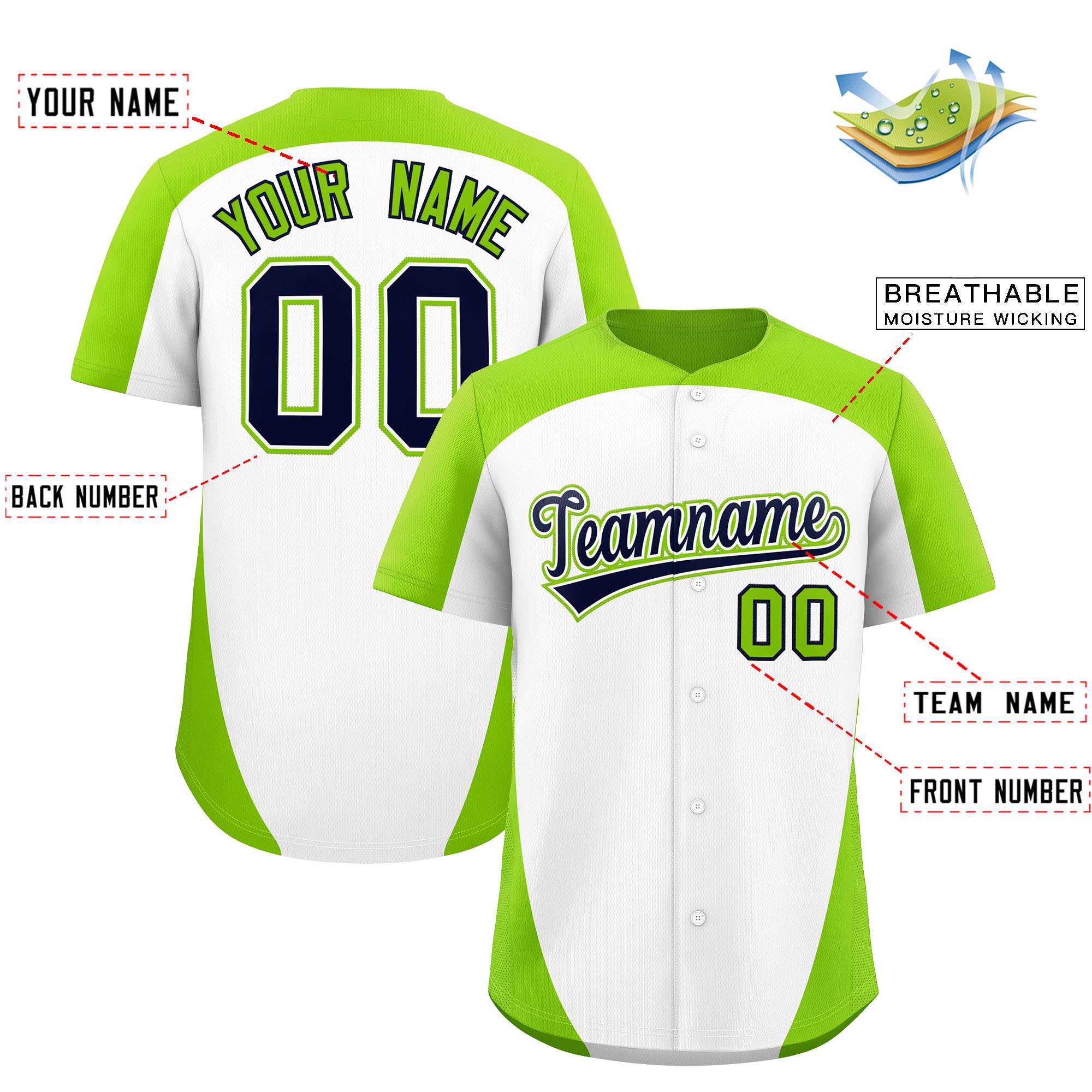 Custom White Neon Green Personalized Edge Color Block Authentic Baseball Jersey