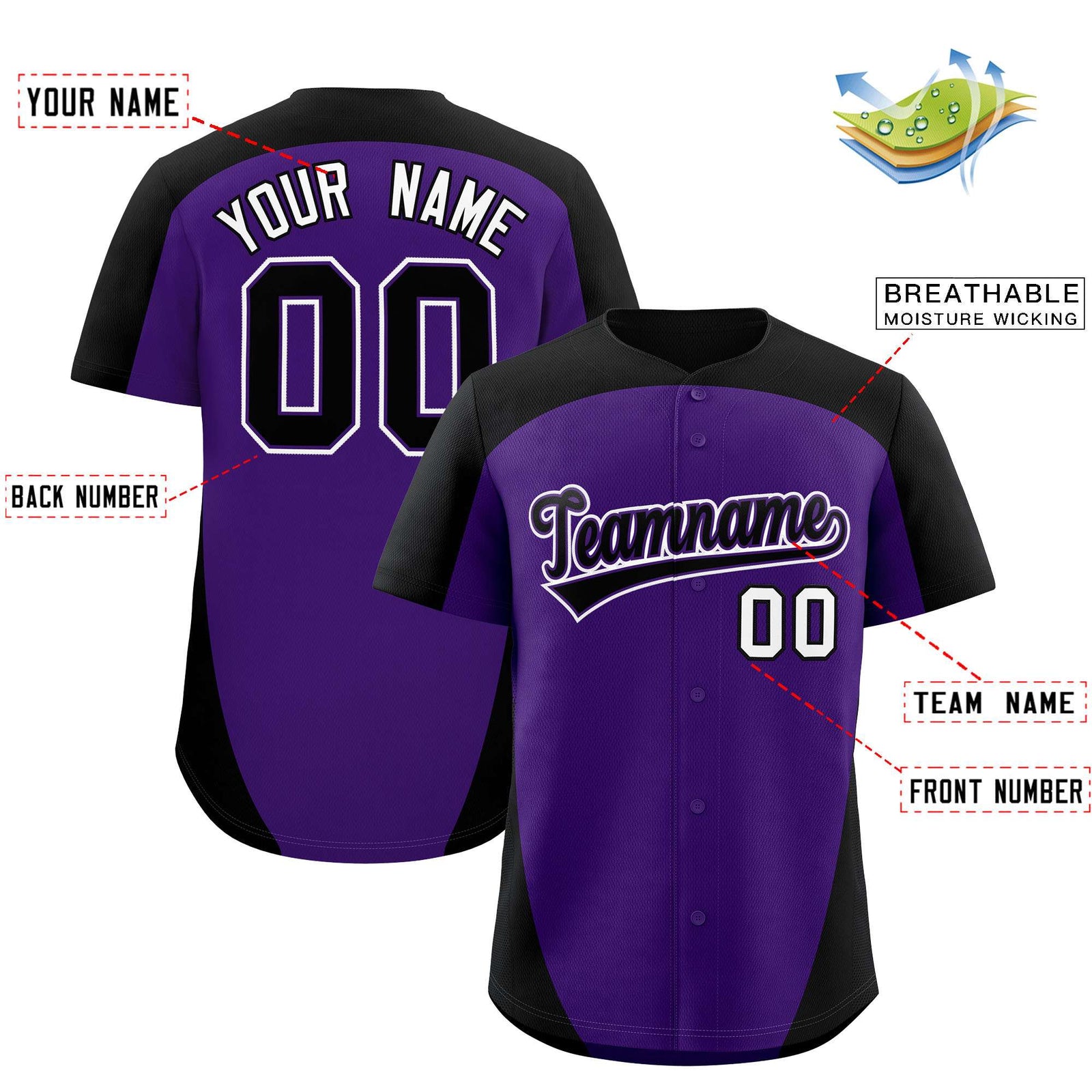 Custom Purple Black Personalized Edge Color Block Authentic Baseball Jersey