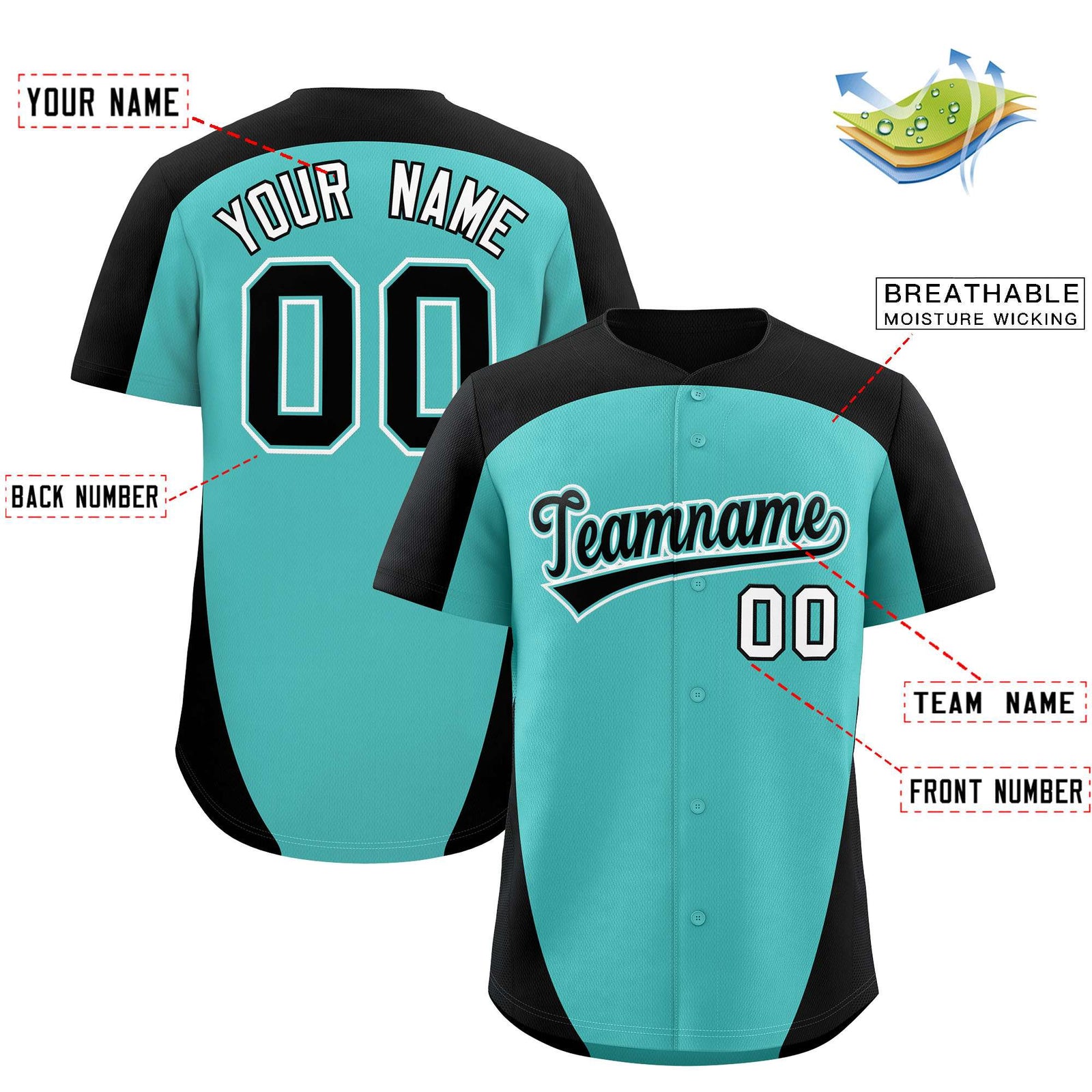 Custom Aqua Black Personalized Edge Color Block Authentic Baseball Jersey