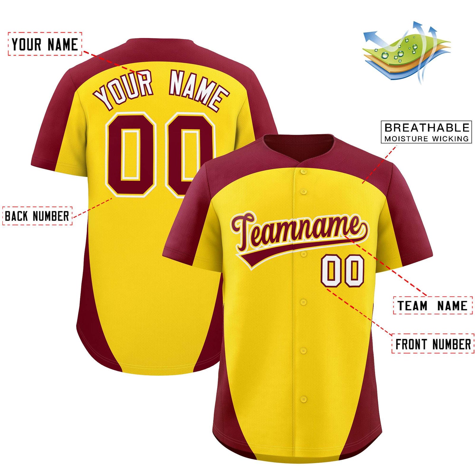 Custom Gold Crimson Personalized Edge Color Block Authentic Baseball Jersey