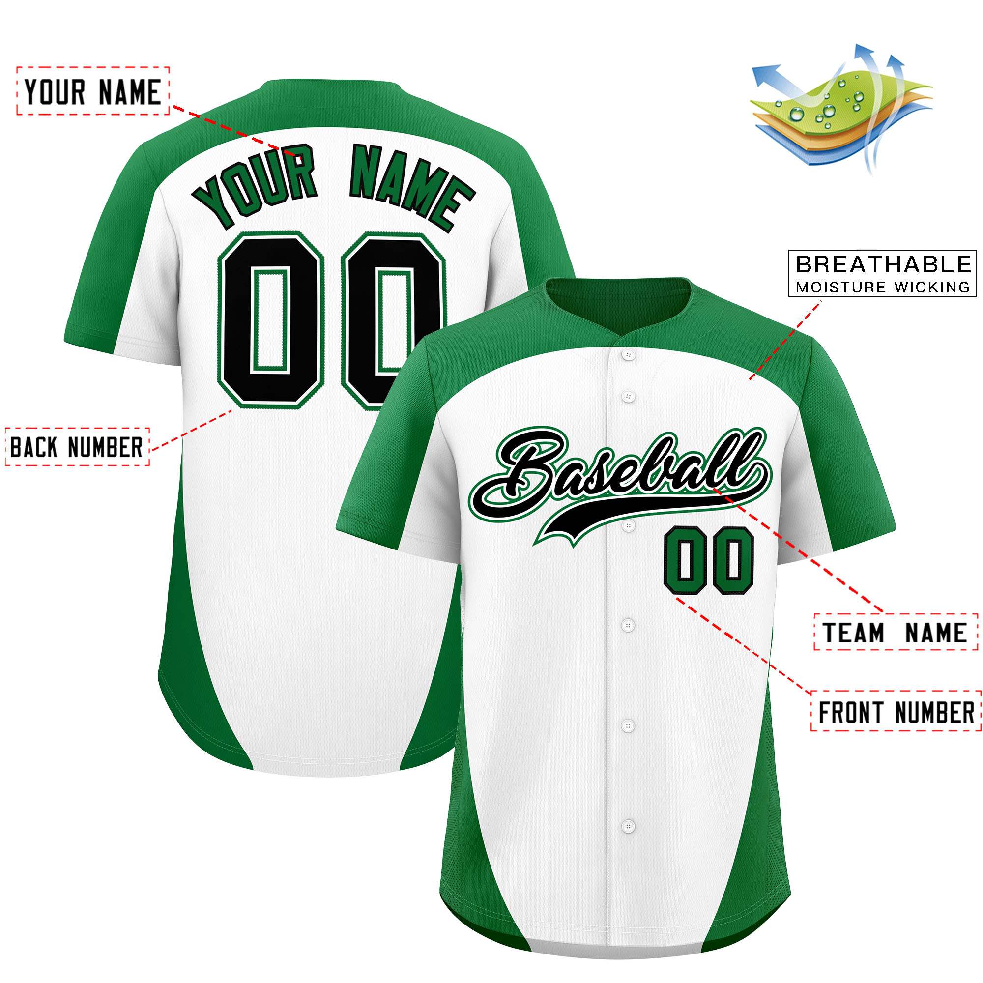 Custom White Kelly Green Personalized Edge Color Block Authentic Baseball Jersey