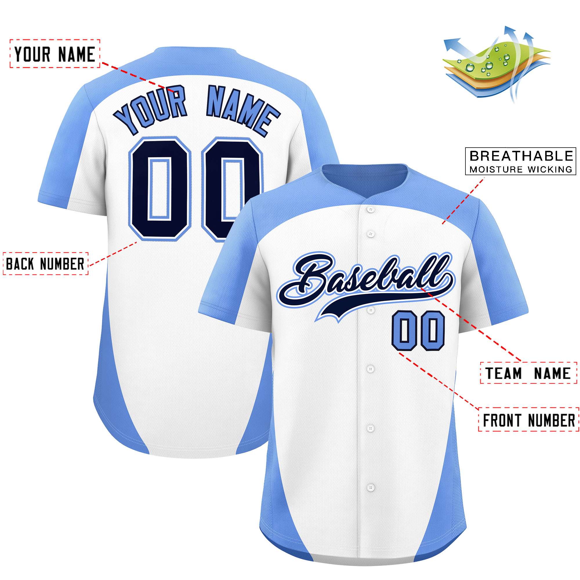 Custom White Light Blue Personalized Edge Color Block Authentic Baseball Jersey