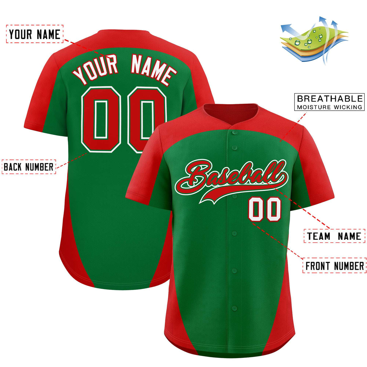 Custom Kelly Green Red Personalized Edge Color Block Authentic Baseball Jersey