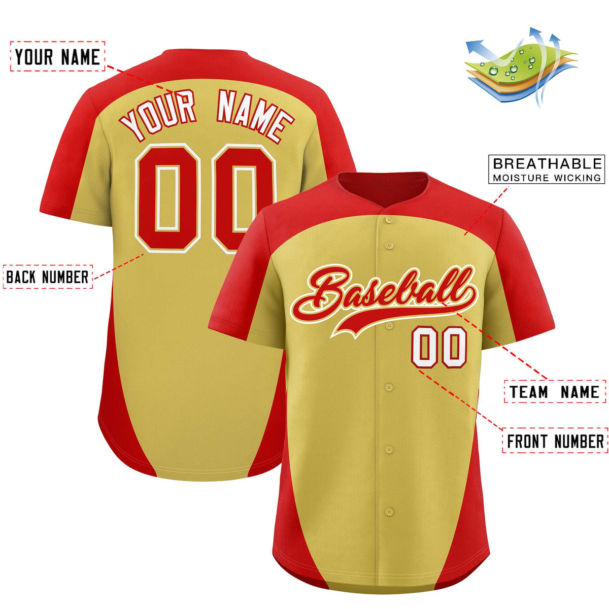 Custom Old Gold Red Personalized Edge Color Block Authentic Baseball Jersey