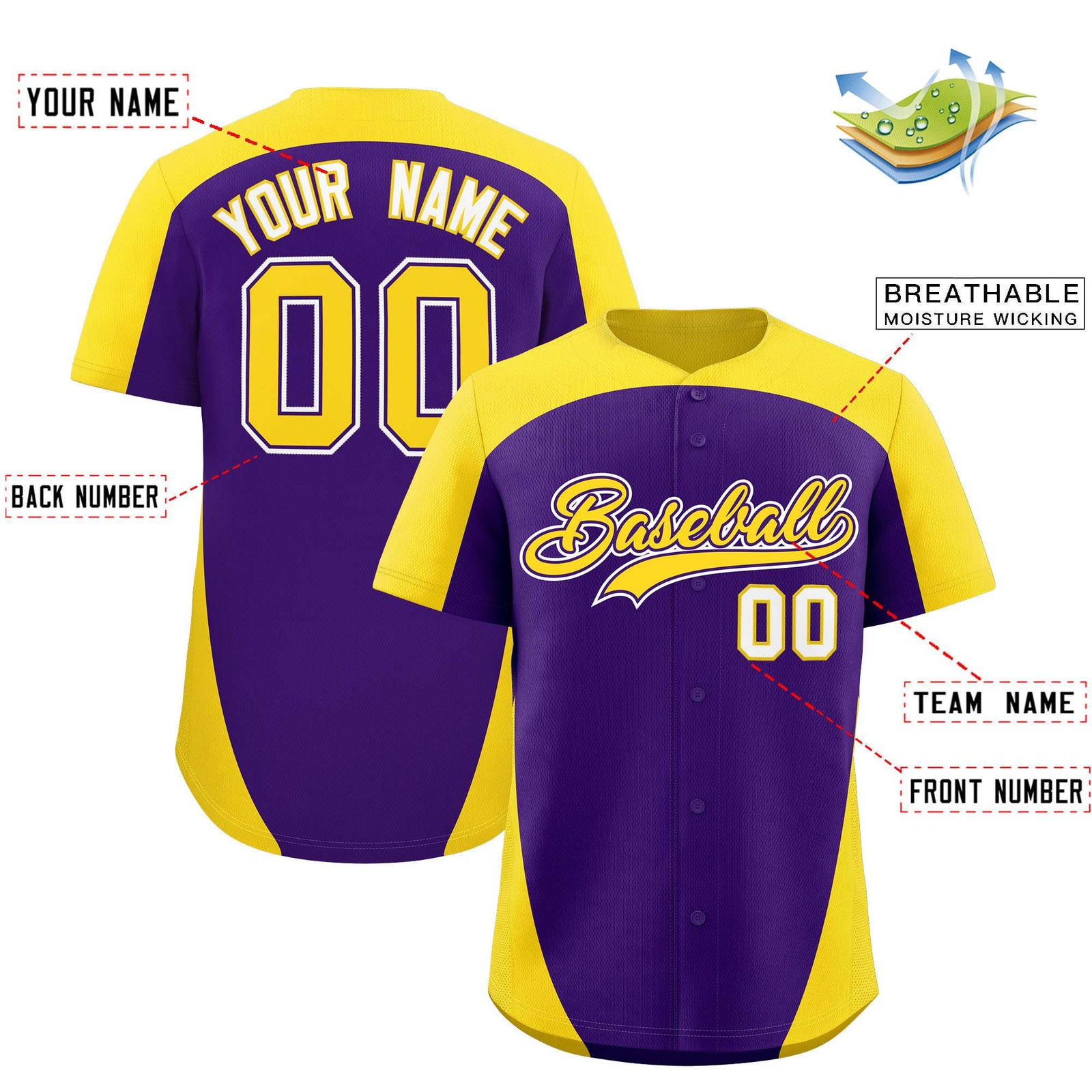 Custom Purple Gold Personalized Edge Color Block Authentic Baseball Jersey