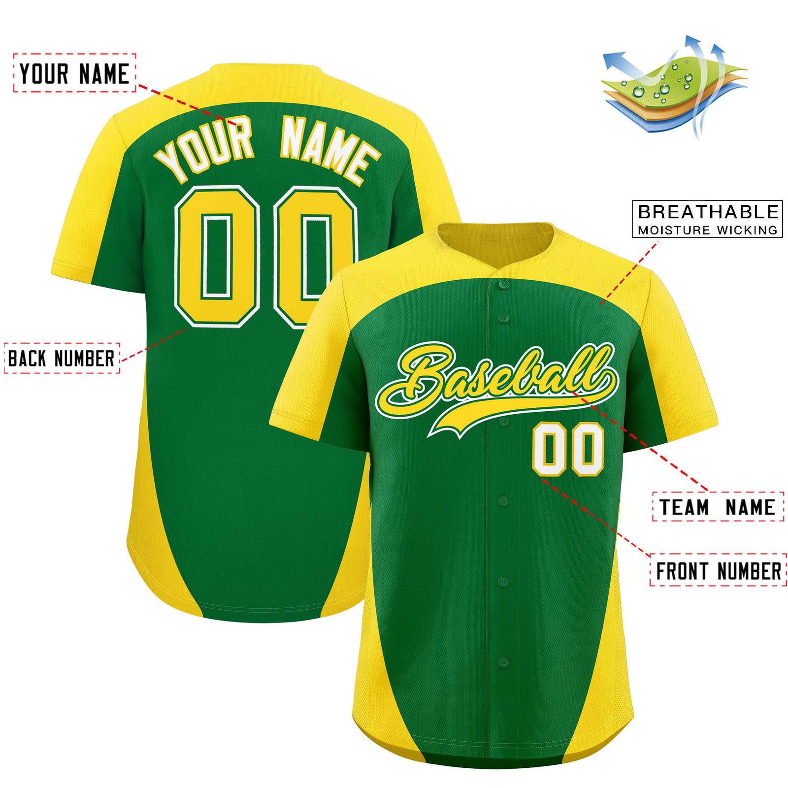 Custom Kelly Green Gold Personalized Edge Color Block Authentic Baseball Jersey