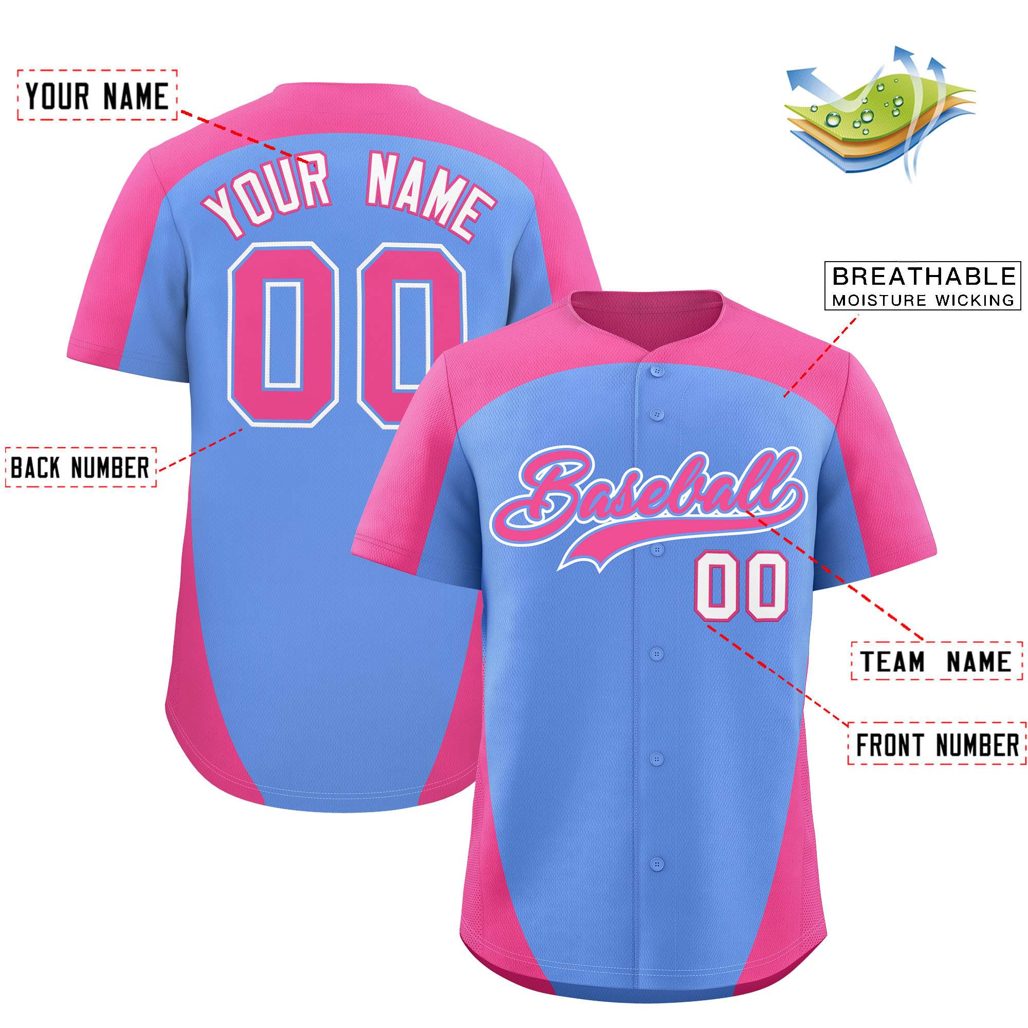 Custom Light Blue Pink Personalized Edge Color Block Authentic Baseball Jersey
