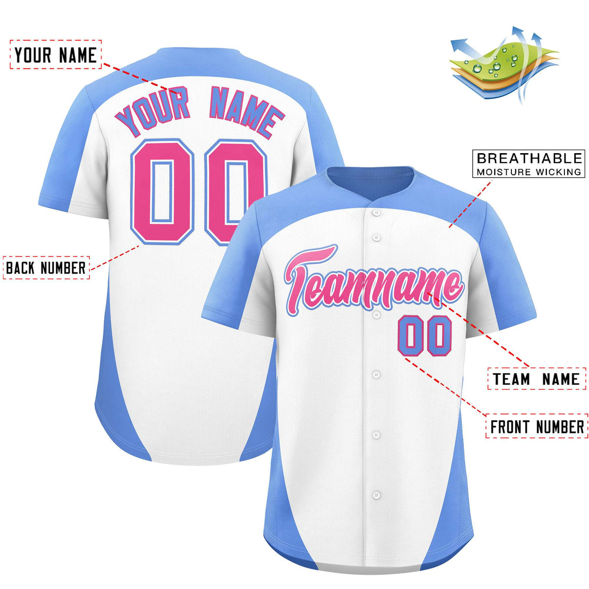 Custom White Light Blue Personalized Edge Color Block Authentic Baseball Jersey