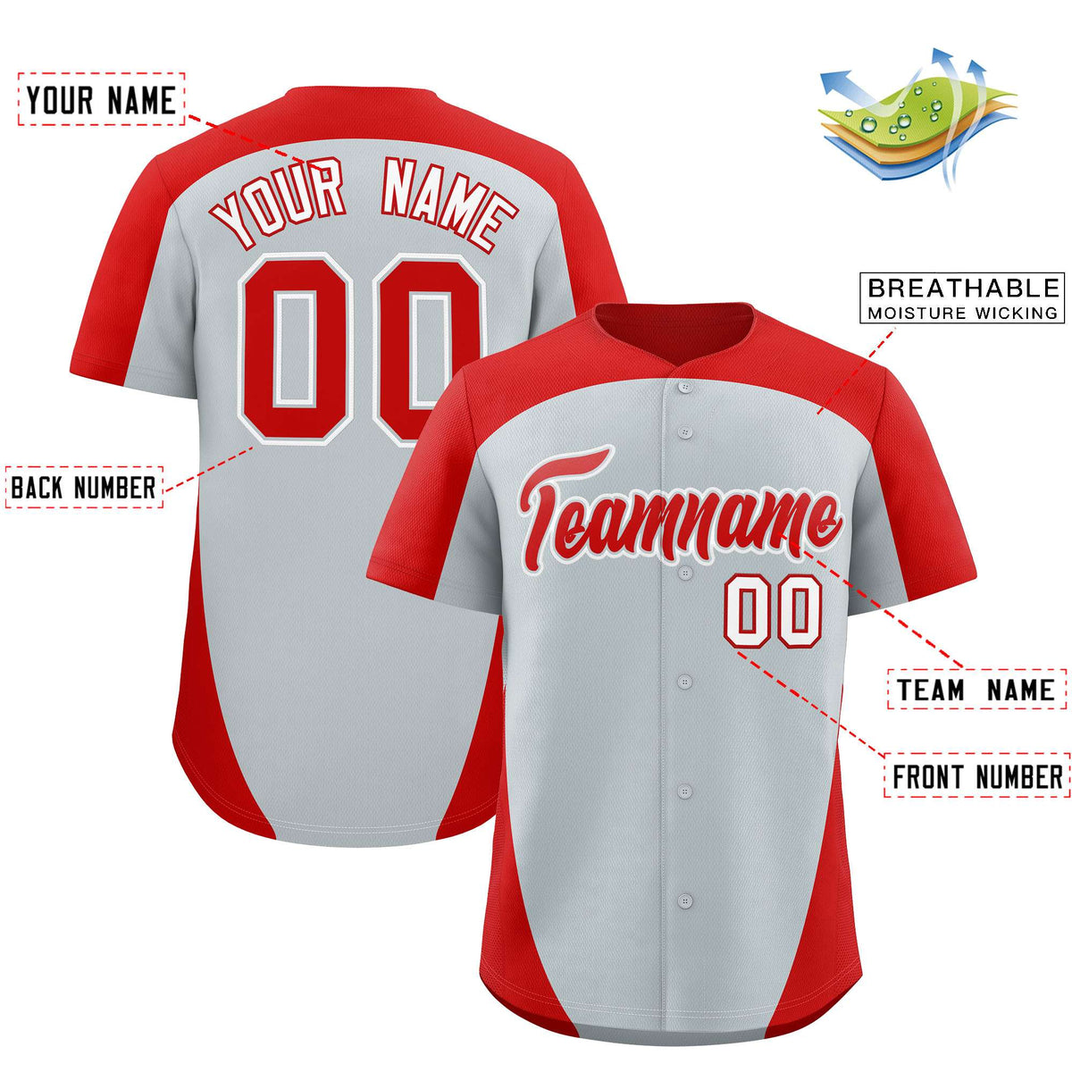 Custom Silver Red Personalized Edge Color Block Authentic Baseball Jersey