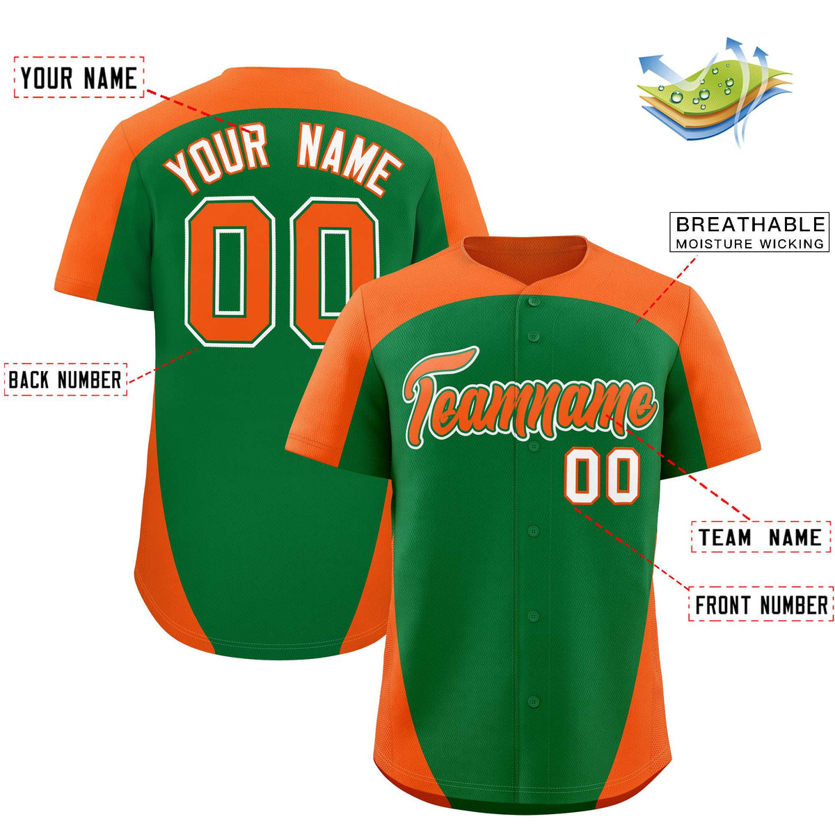 Custom Kelly Green Orange Personalized Edge Color Block Authentic Baseball Jersey