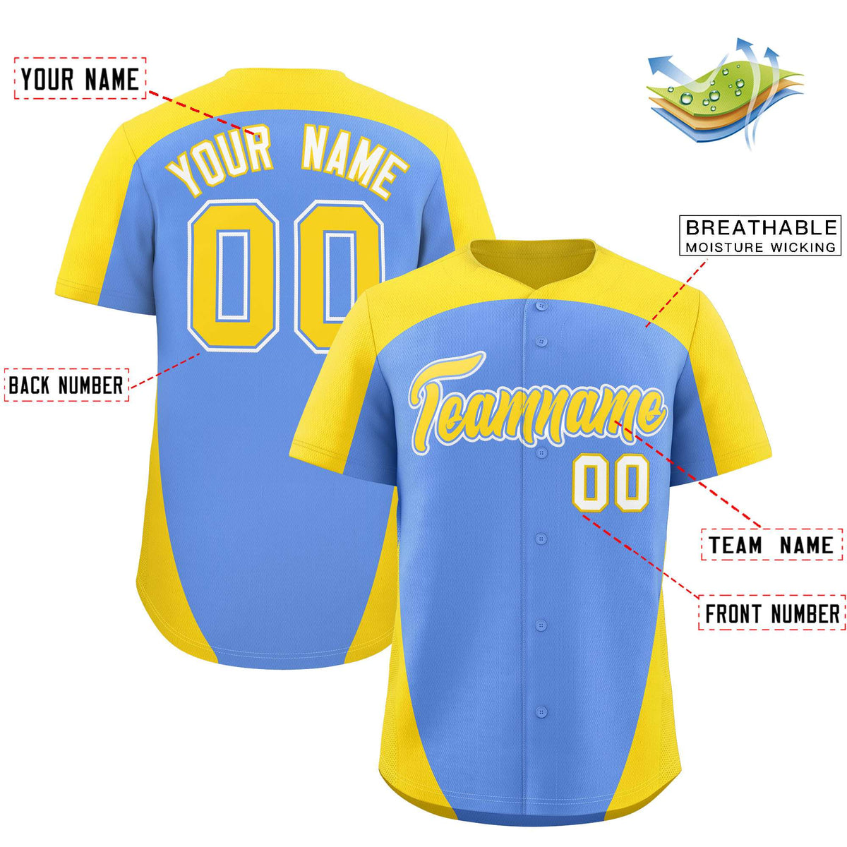 Custom Light Blue Gold Personalized Edge Color Block Authentic Baseball Jersey