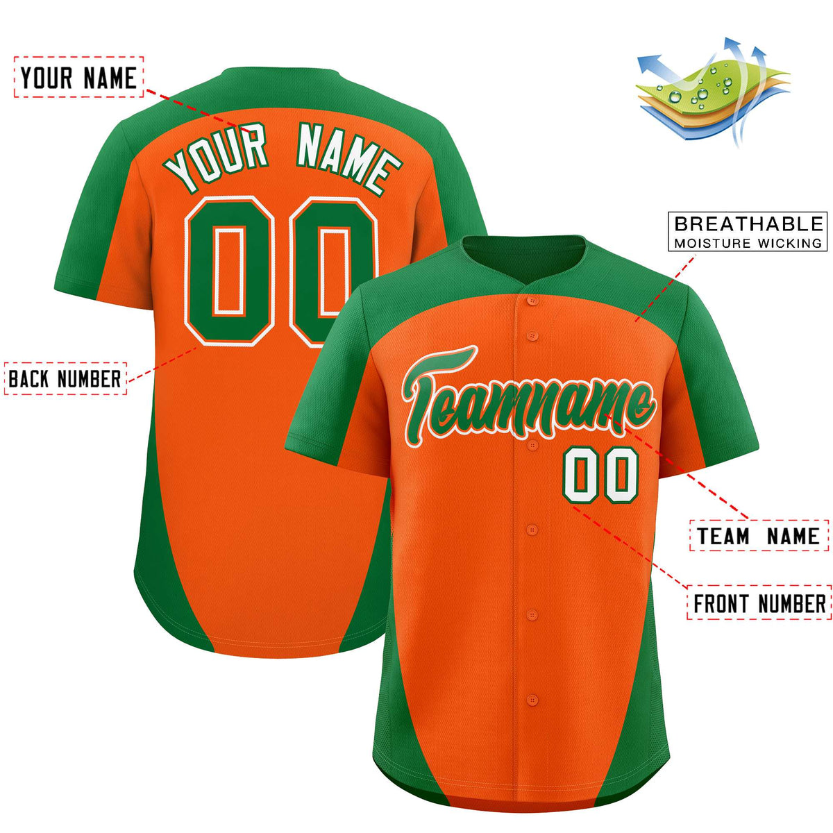 Custom Orange Kelly Green Personalized Edge Color Block Authentic Baseball Jersey
