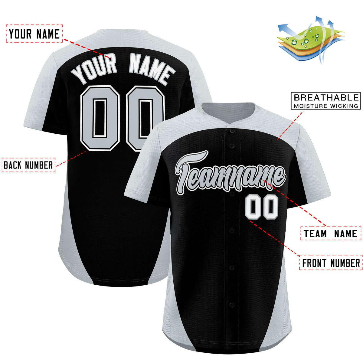 Custom Black Silver Personalized Edge Color Block Authentic Baseball Jersey