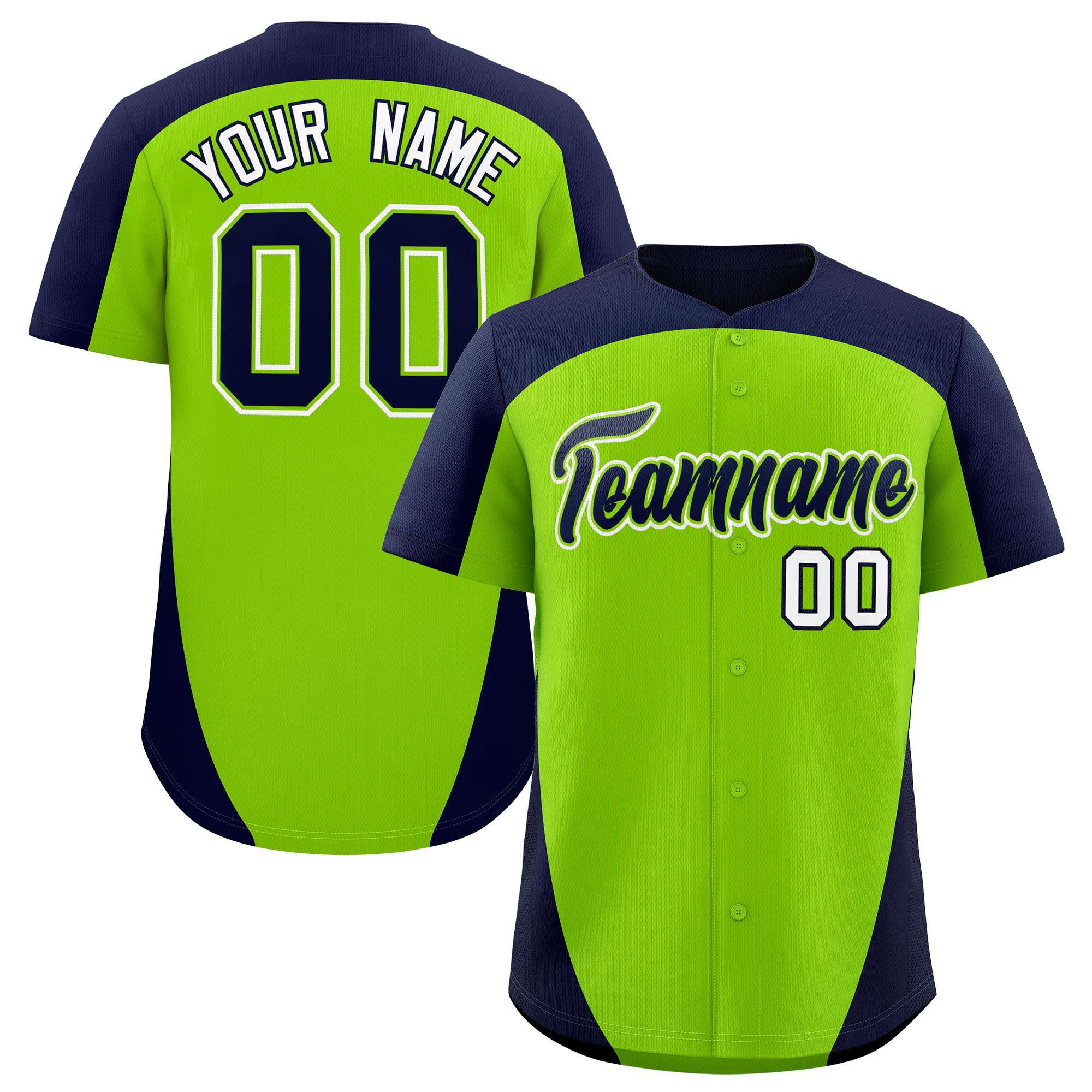 Custom Neon Green Navy Personalized Edge Color Block Authentic Baseball Jersey