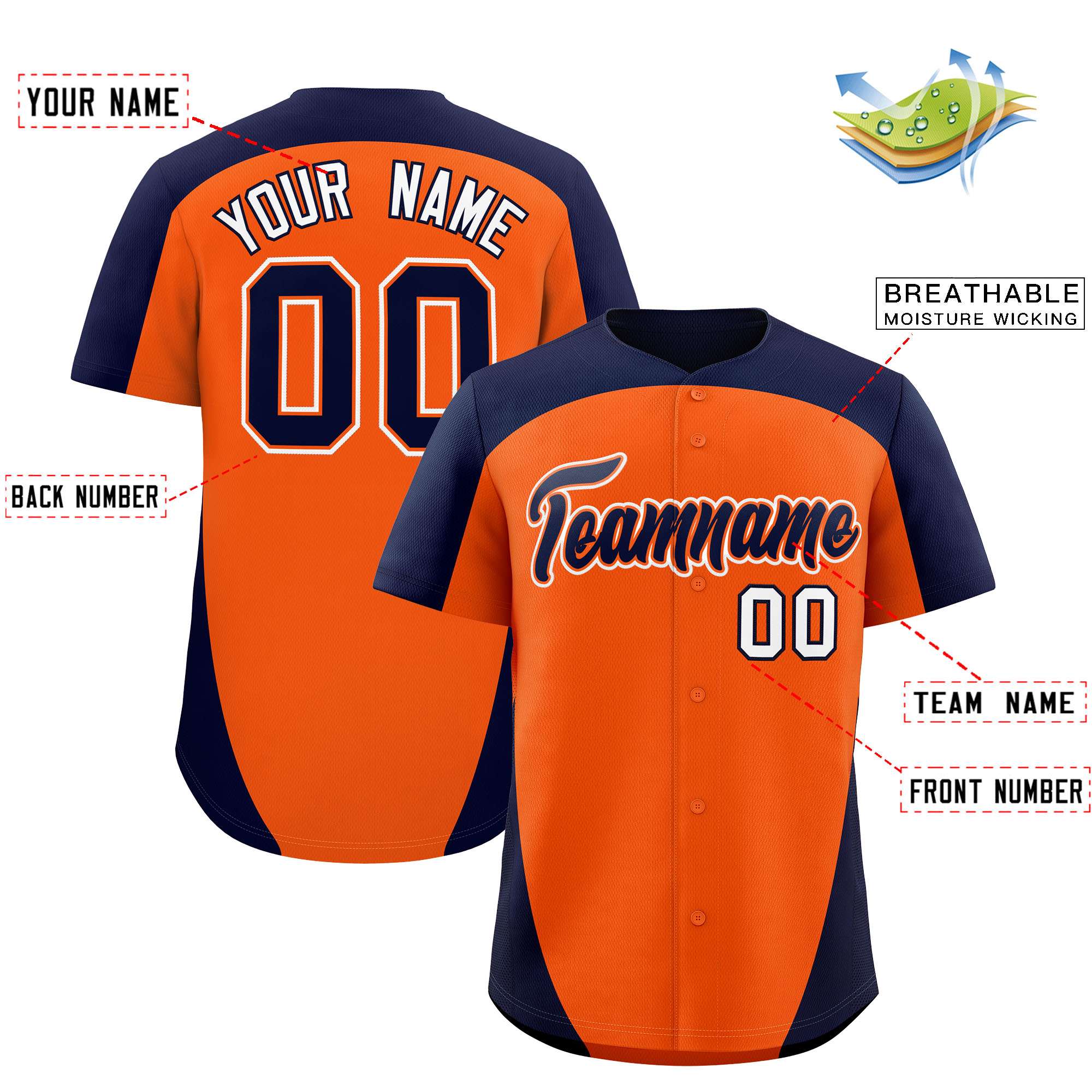 Custom Orange Navy Personalized Edge Color Block Authentic Baseball Jersey