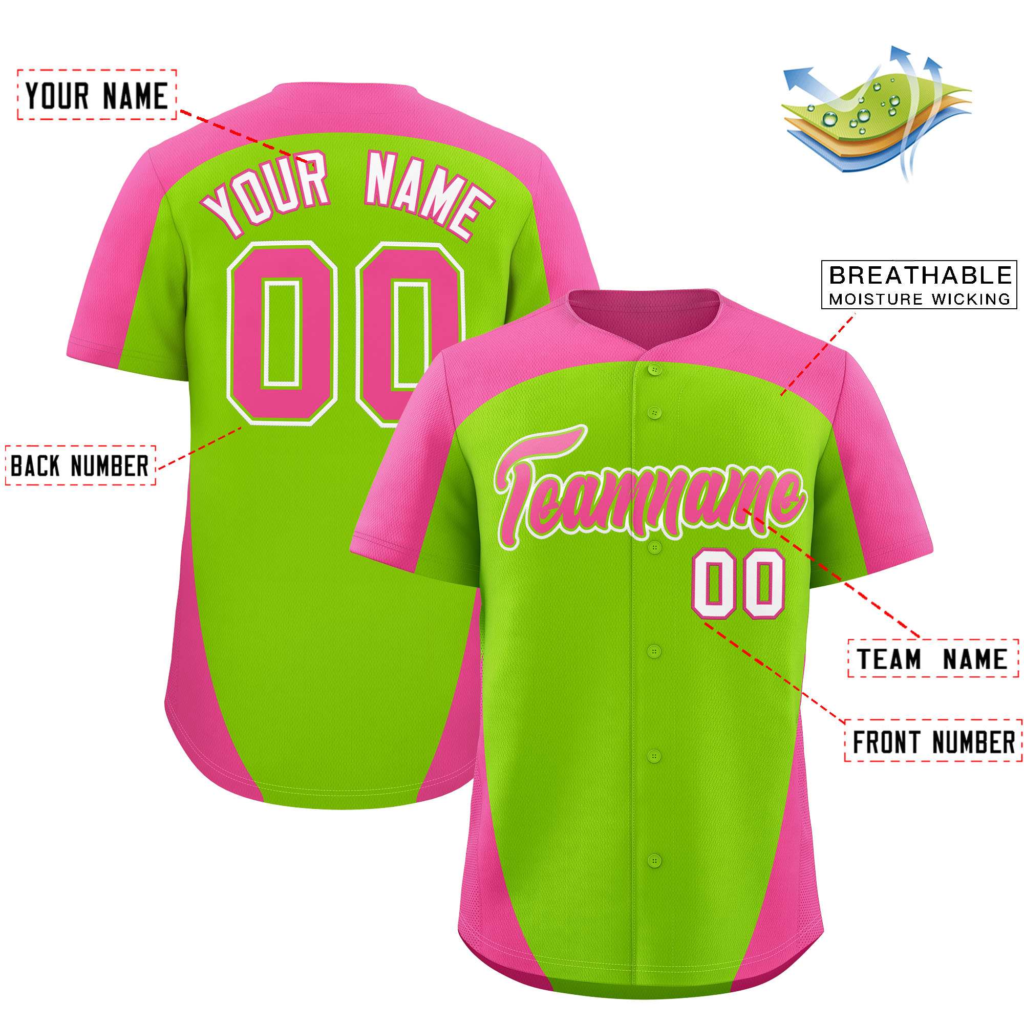 Custom Neon Green Pink Personalized Edge Color Block Authentic Baseball Jersey