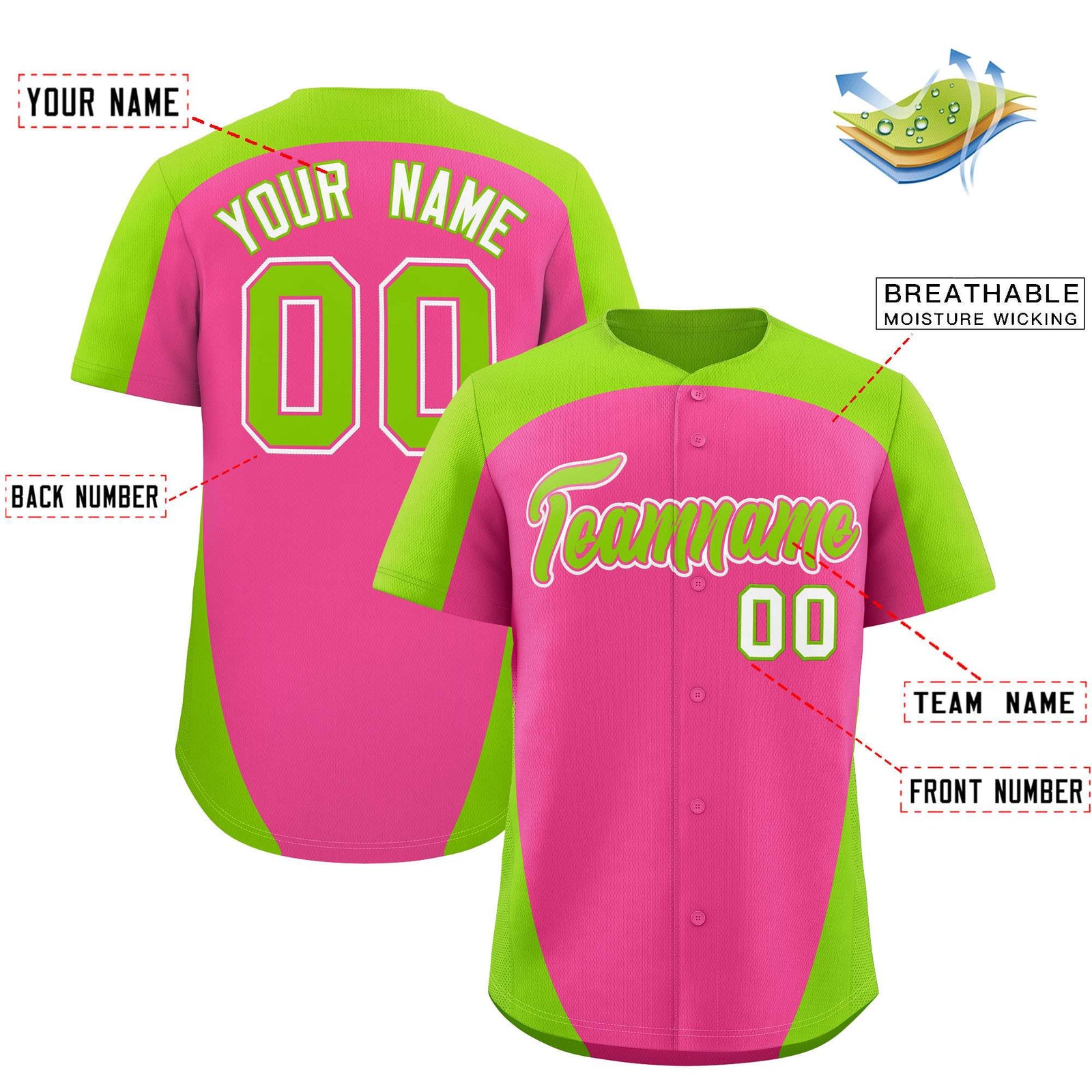 Custom Pink Neon Green Personalized Edge Color Block Authentic Baseball Jersey