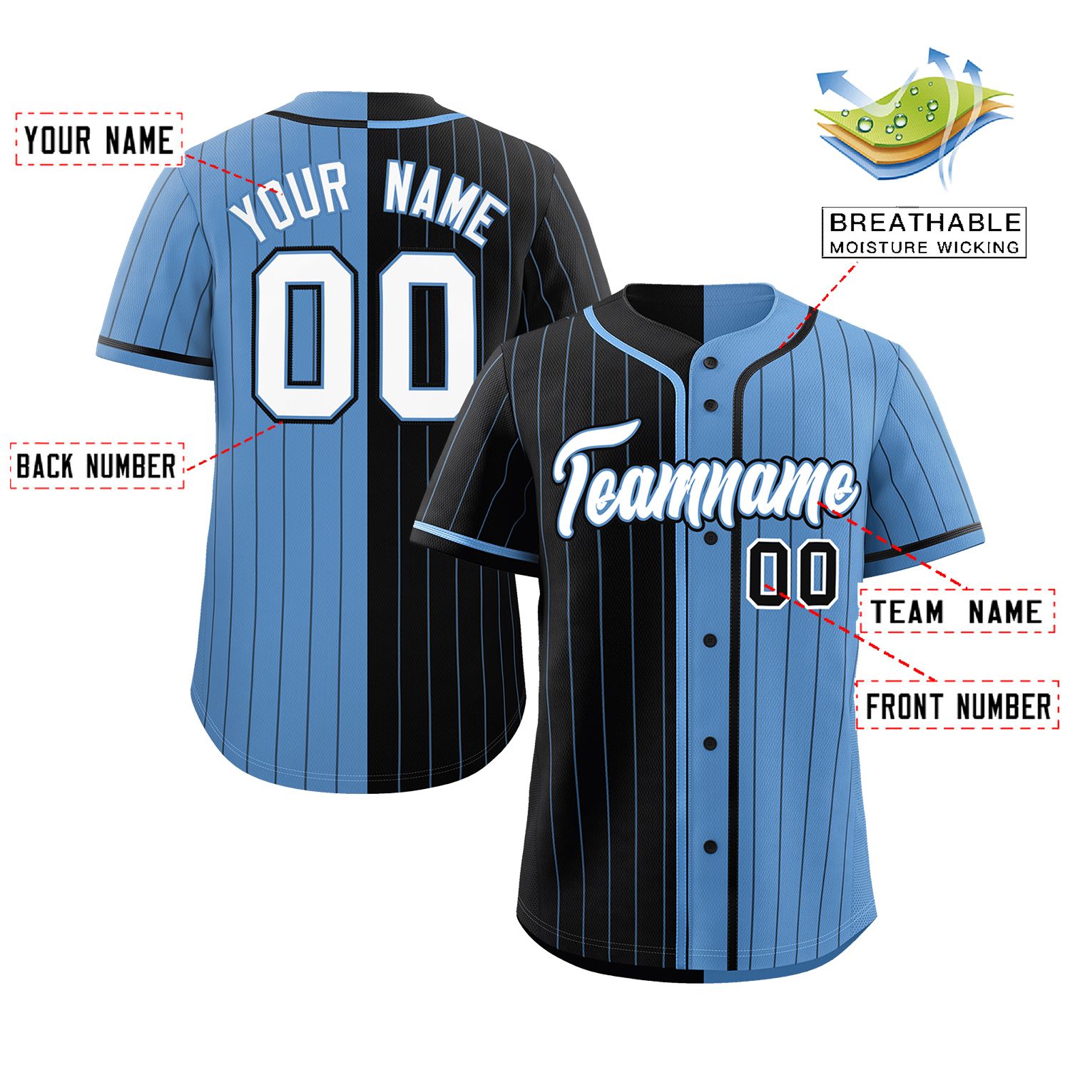Custom Black Light Blue Two Tone Striped Fashion Authentic Baseball Jersey