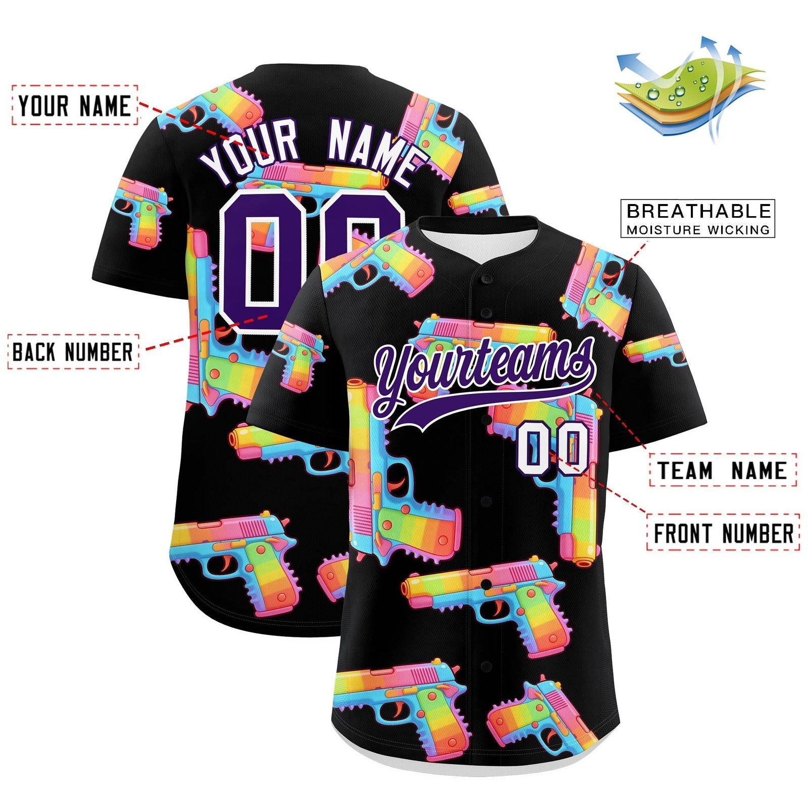 Custom Youth Baseball Jersey Black Purple Sugar-Coated Firepower Graffiti Pattern Street Style
